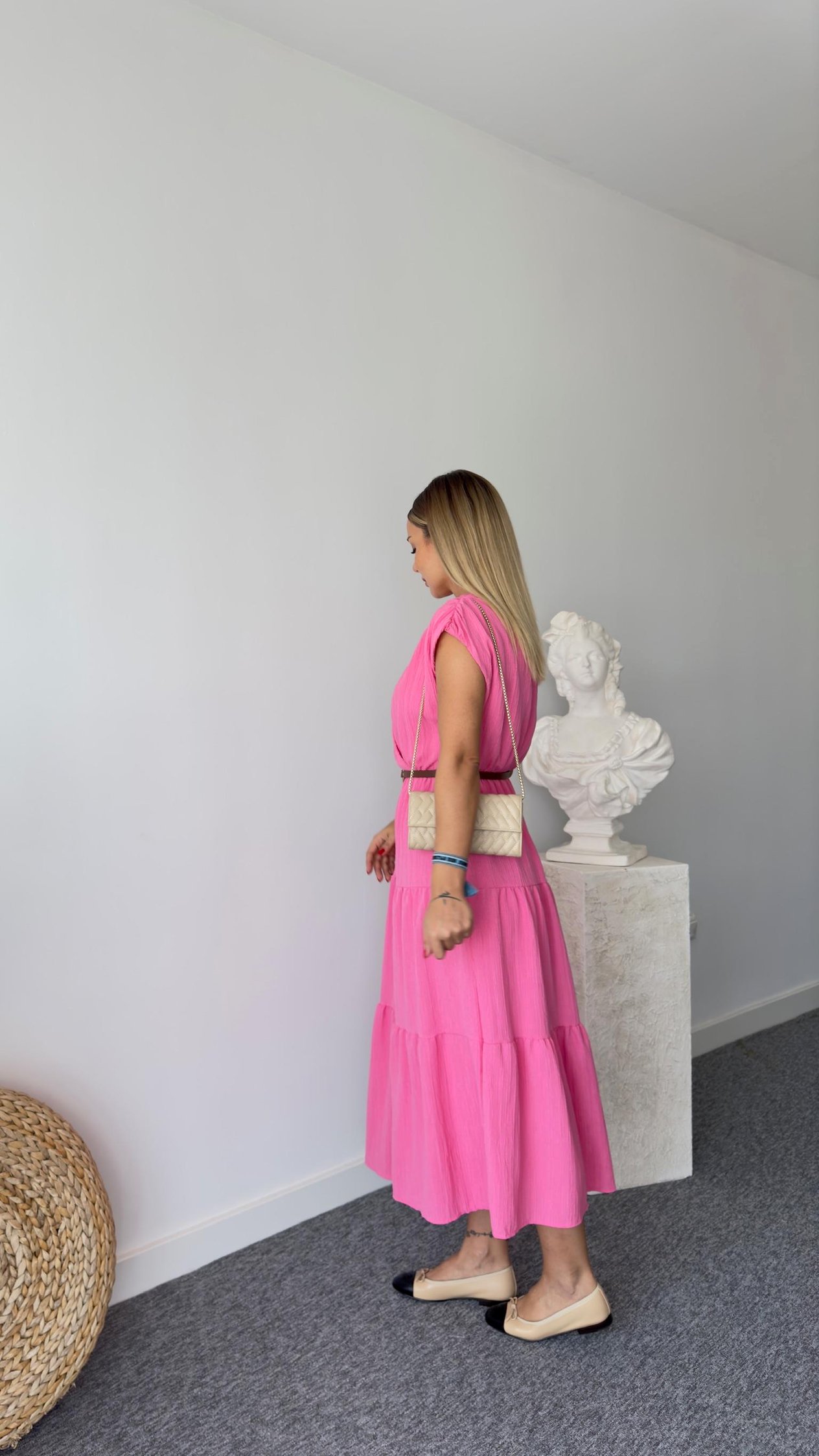Kruvaze Kemerli Pembe Elbise 