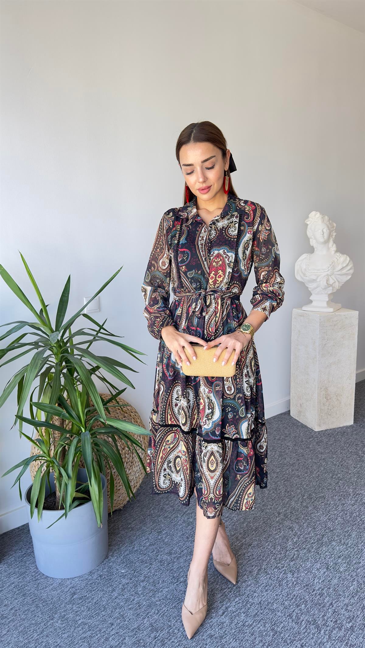 Elina Etnik Desen Şifon Elbise 