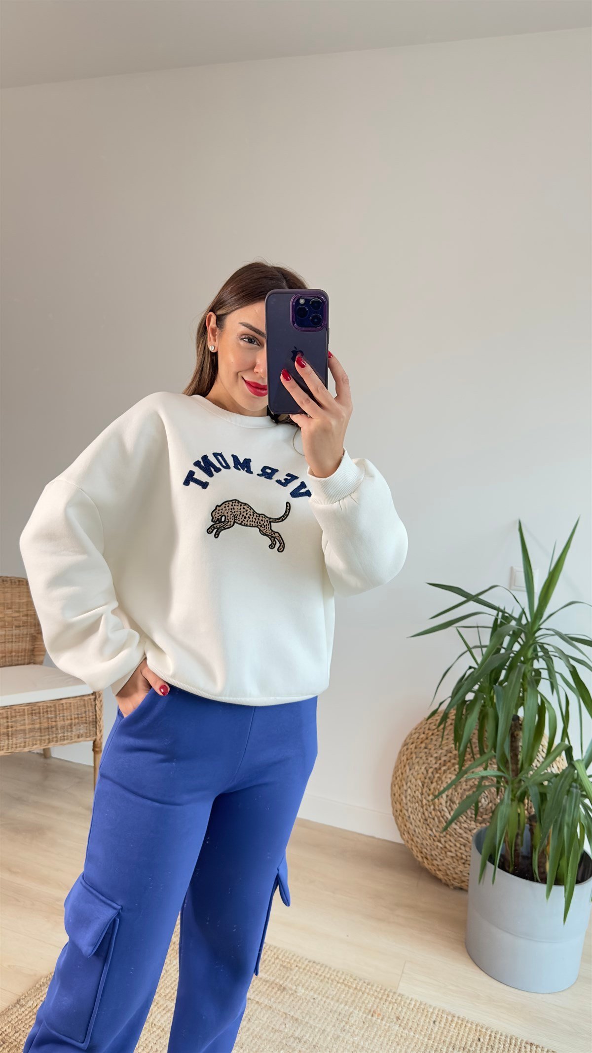 Leopar Baskı Beyaz Sweat
