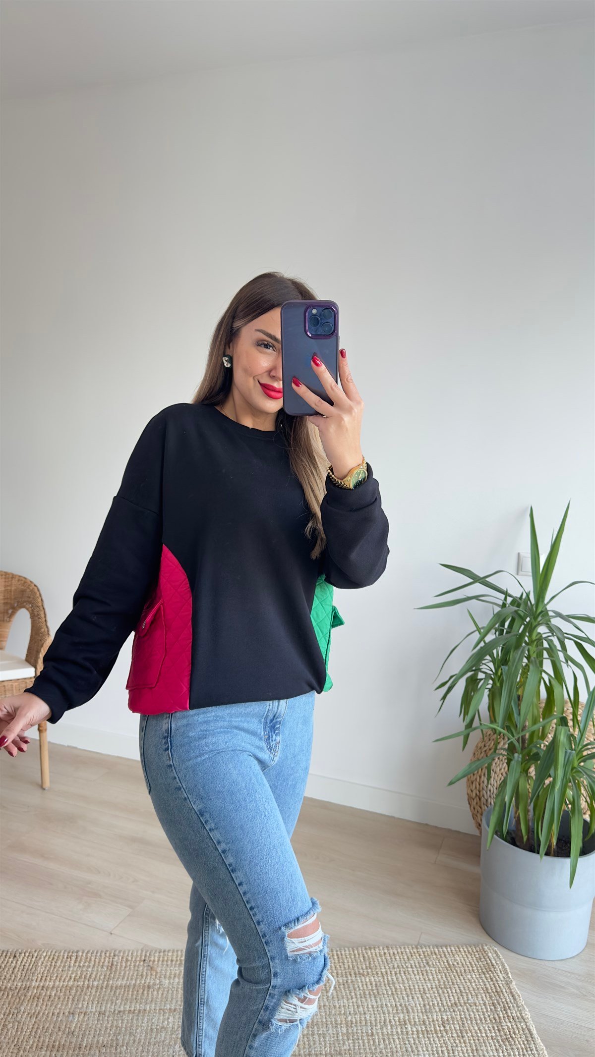 Pembe Yeşil Kapitoneli Sweat
