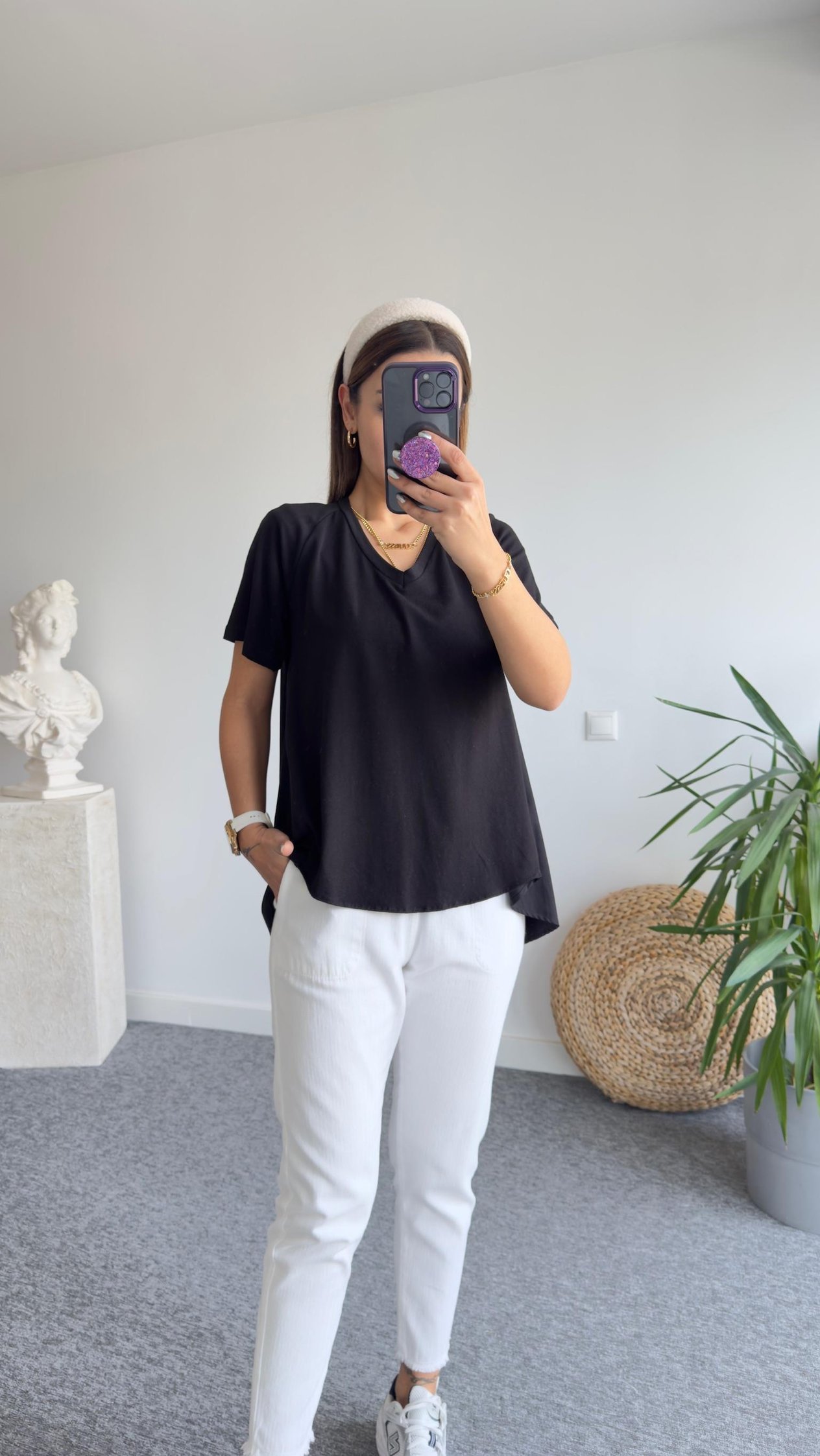 V Yaka Arkası Poplin Siyah Tshirt