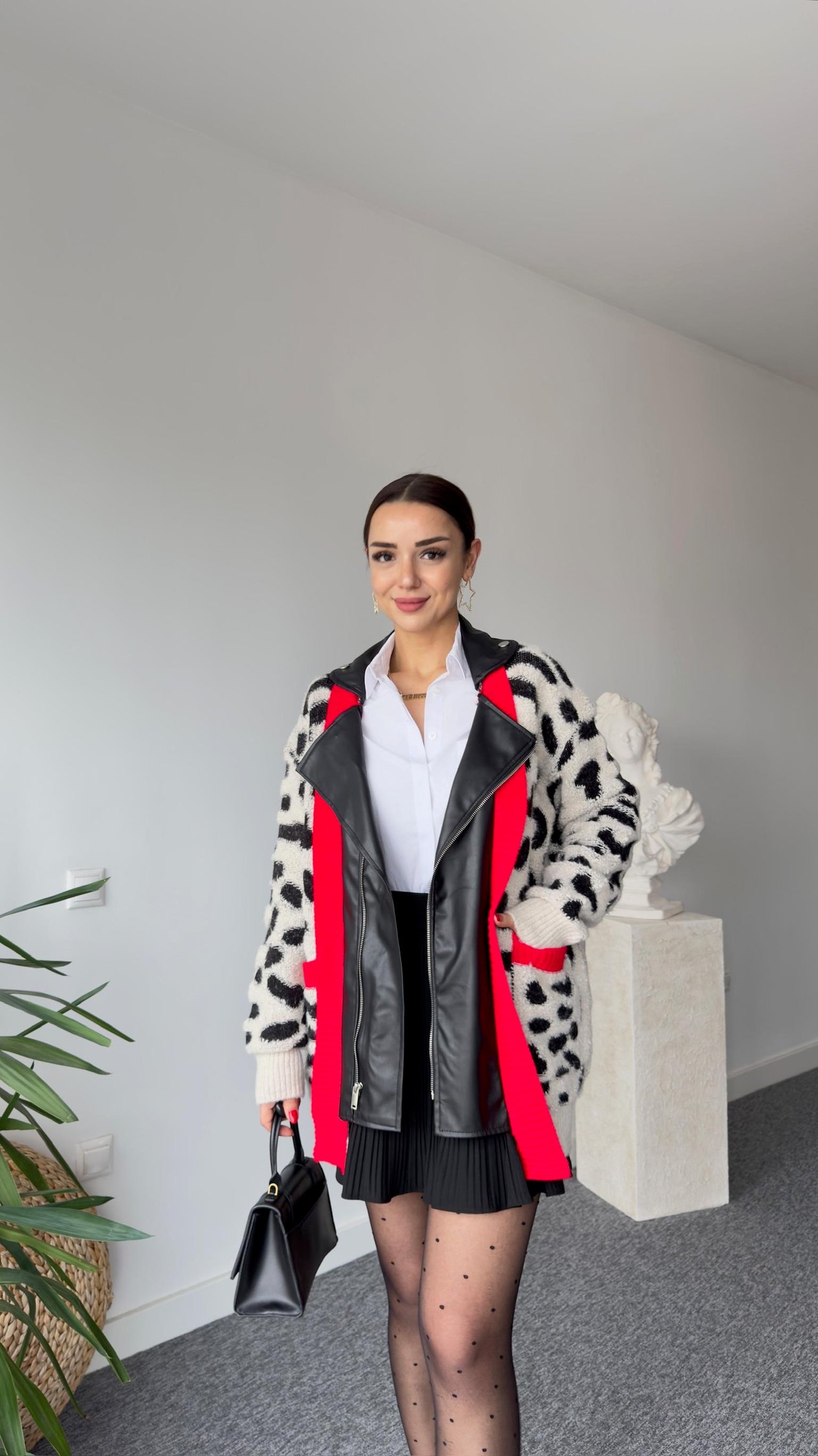 Deri Detaylı Tasarım Leopar Desen Hırka