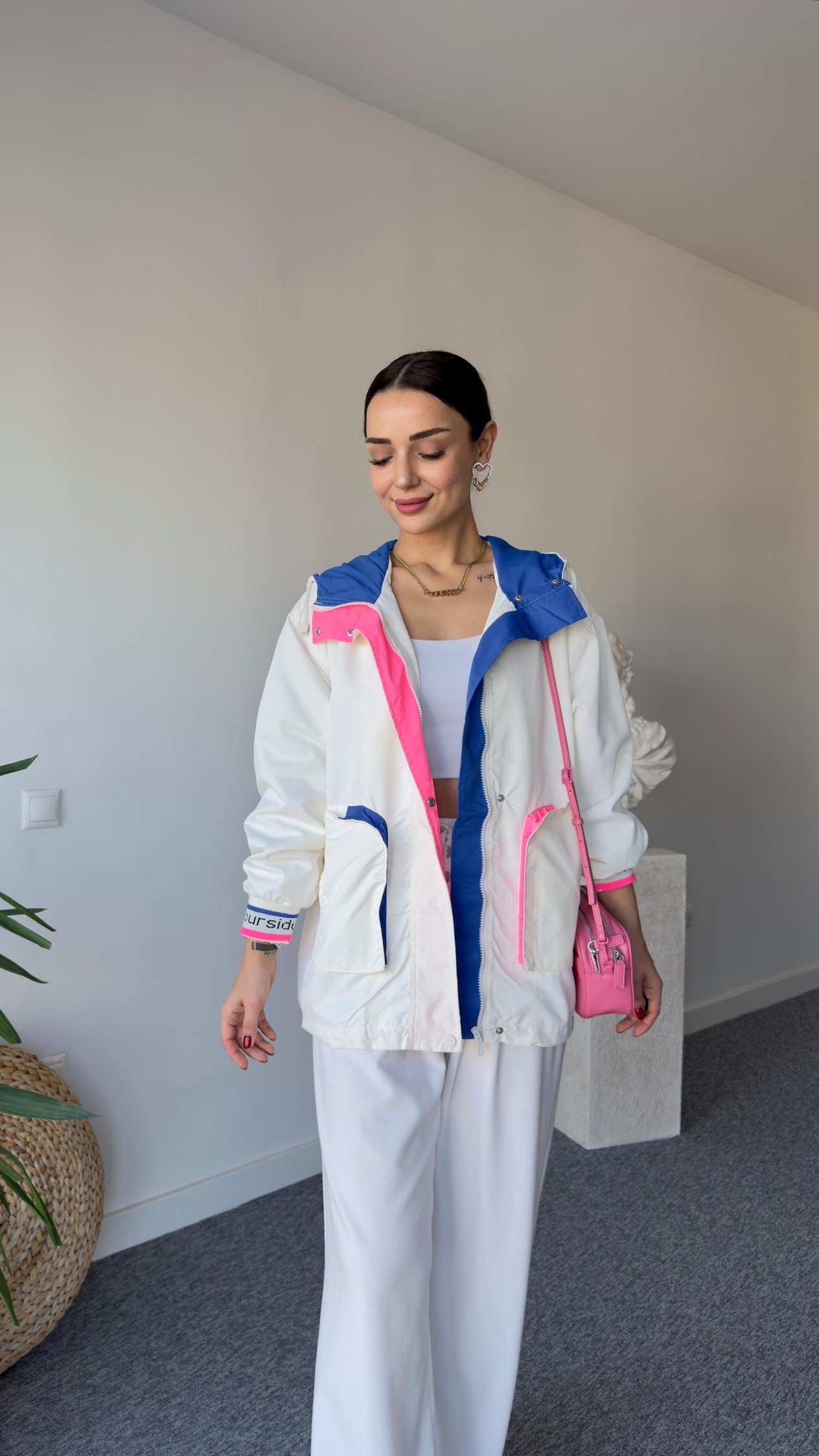 Neon Blok Beyaz Yağmurluk
