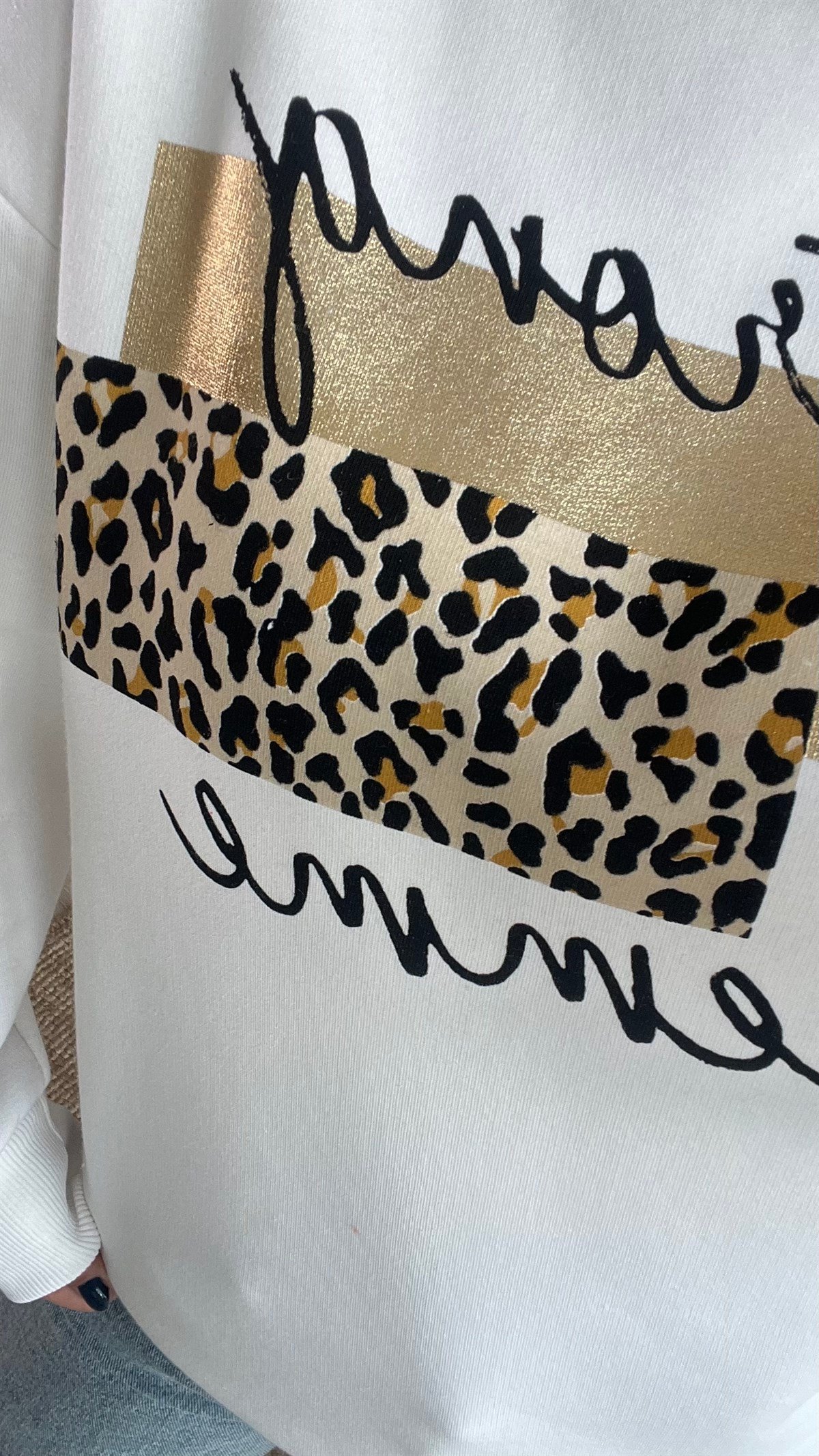 Leopar Baskı Detaylı Şardonlu Beyaz Sweat