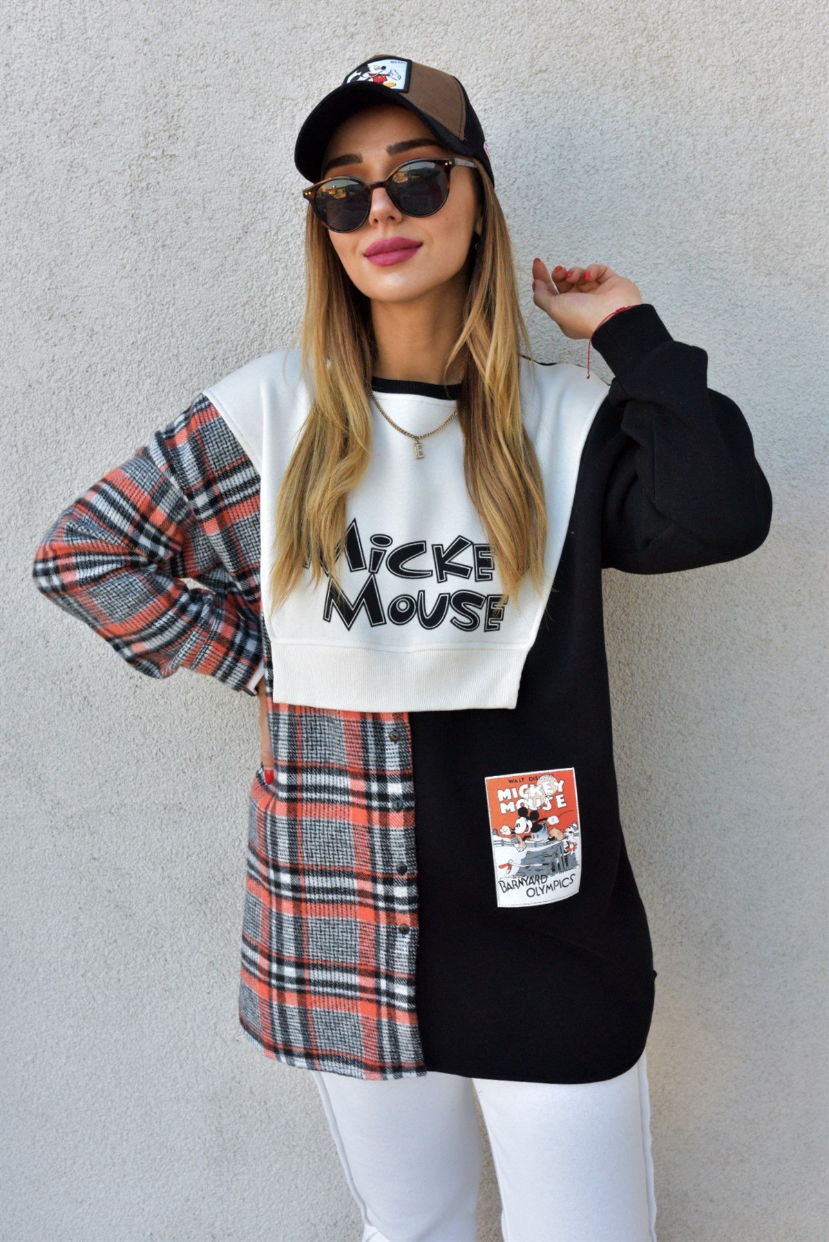 Ekose Detaylı Mickey Mouse Siyah Sweat	