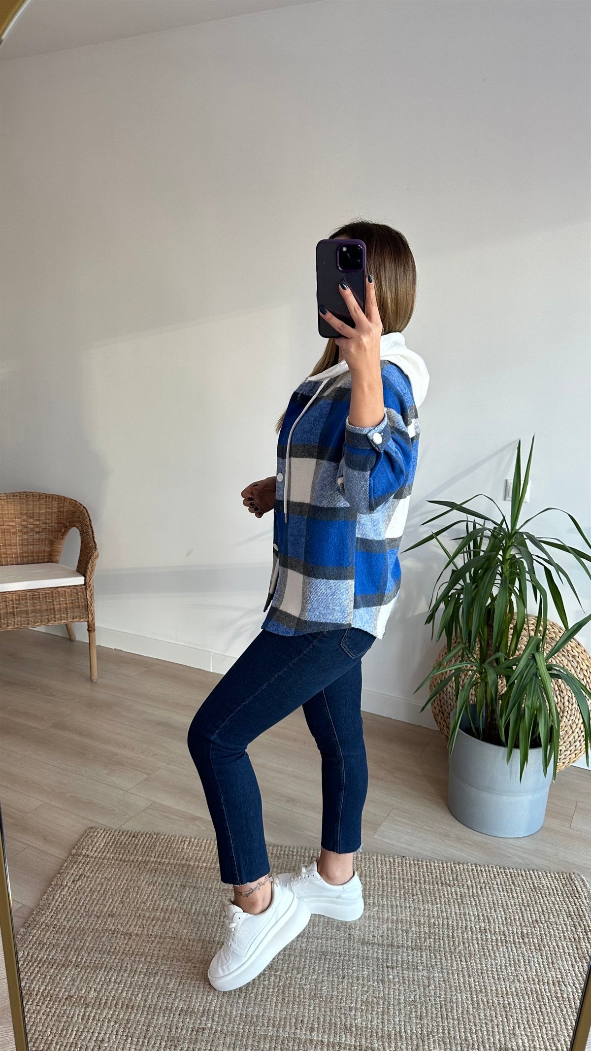 Mavi Ekose Detay Kapüşonlu Sweatshirt