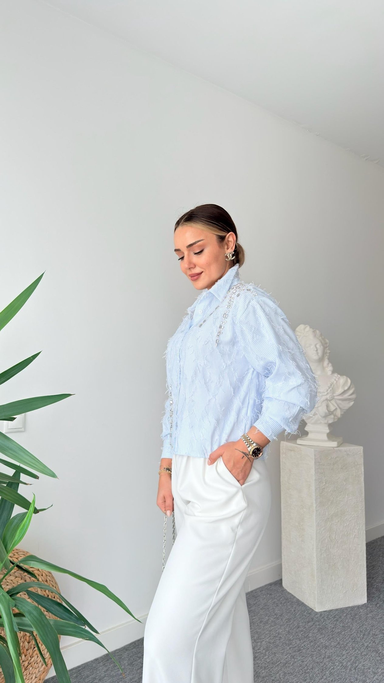 Fringed Taş İşlemeli Çizgili Tasarım Gömlek