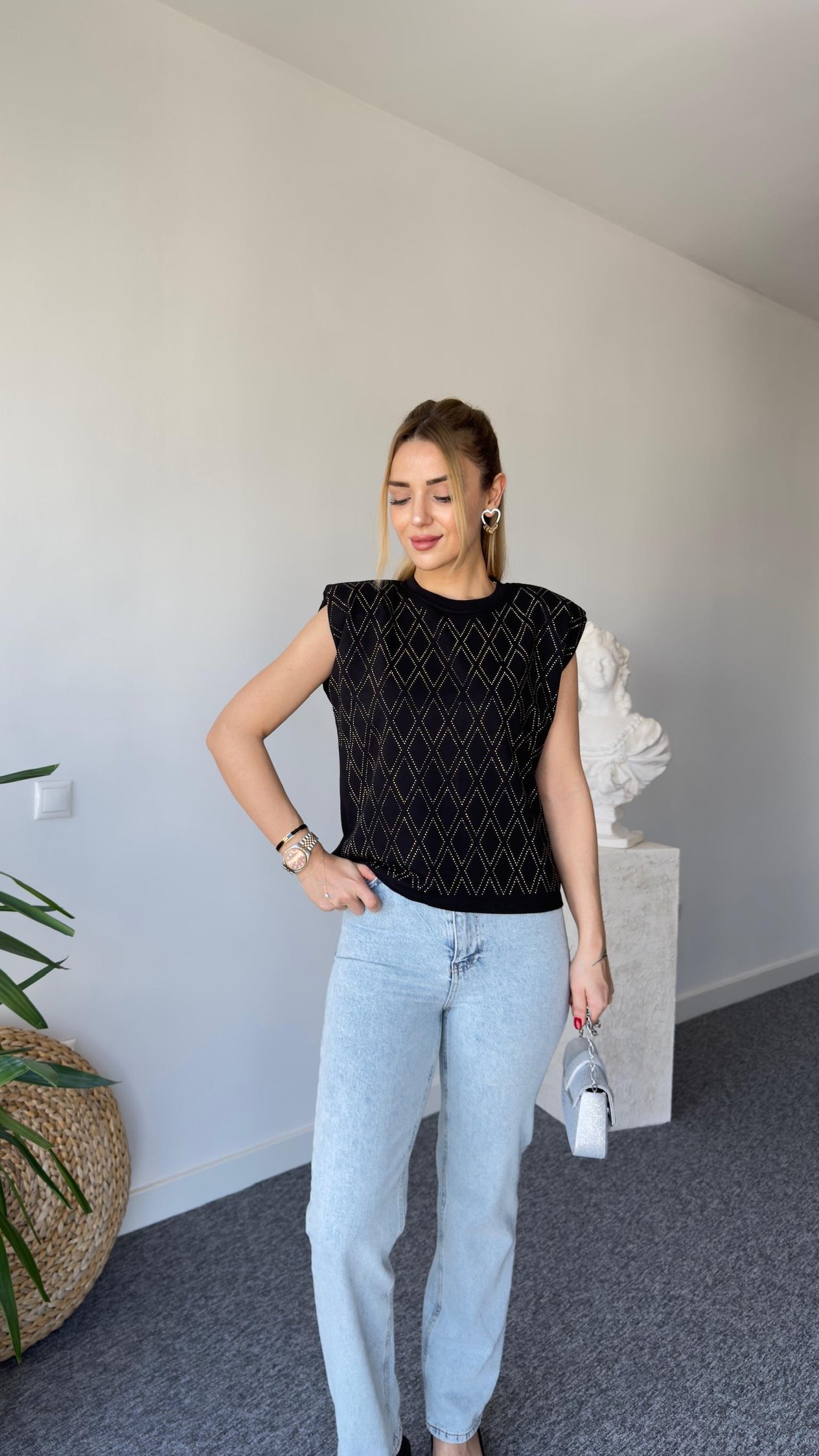 Marka Muadili Taşlı Vatkalı Tshirt