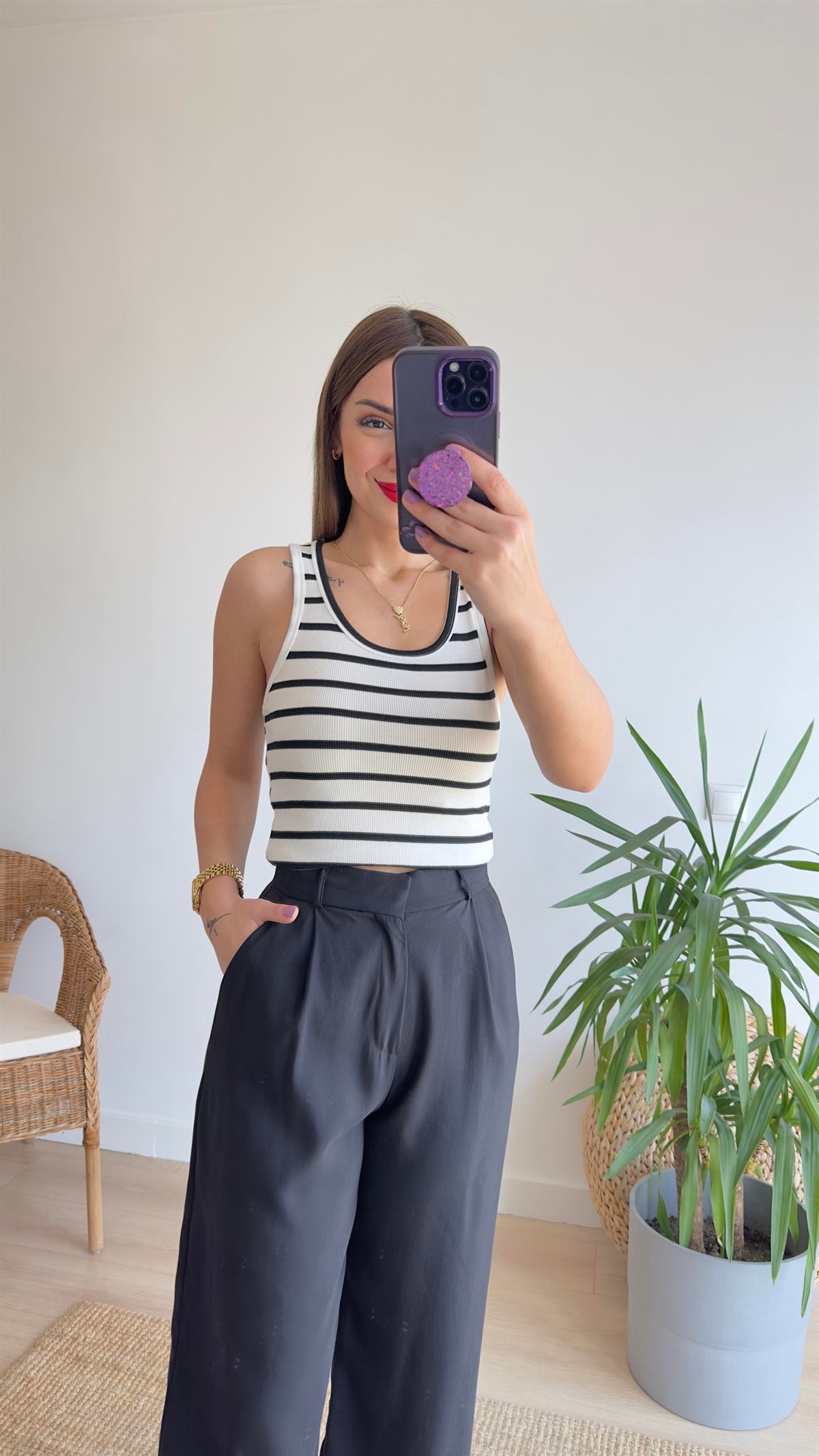 İlya Çizgili U Yaka Çizgili Crop