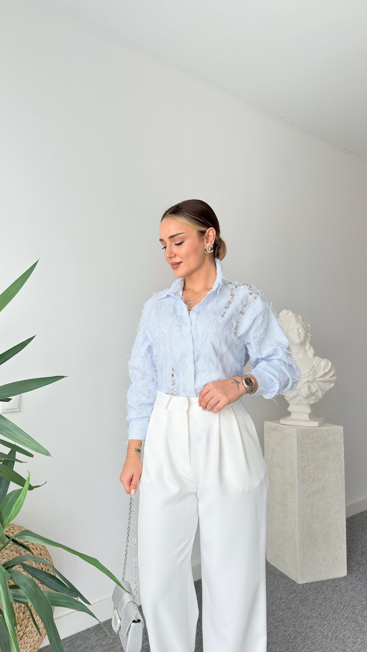 Fringed Taş İşlemeli Çizgili Tasarım Gömlek