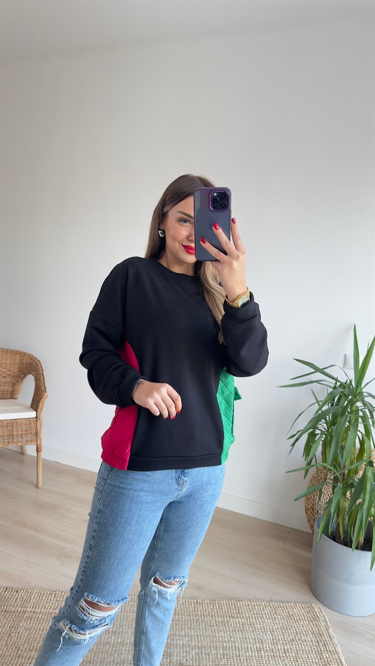 Pembe Yeşil Kapitoneli Sweat