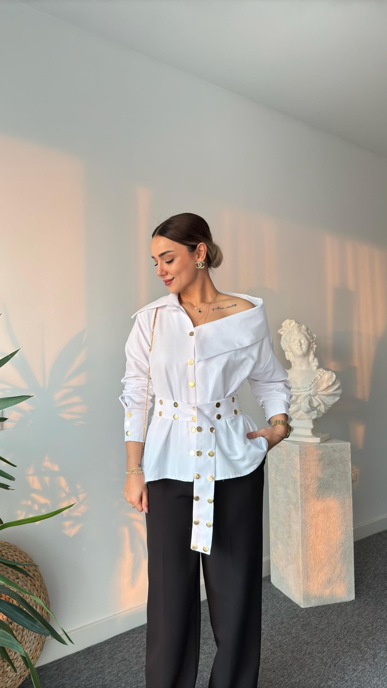 Dianes Marka Model Kemerli Tasarım Beyaz Gömlek