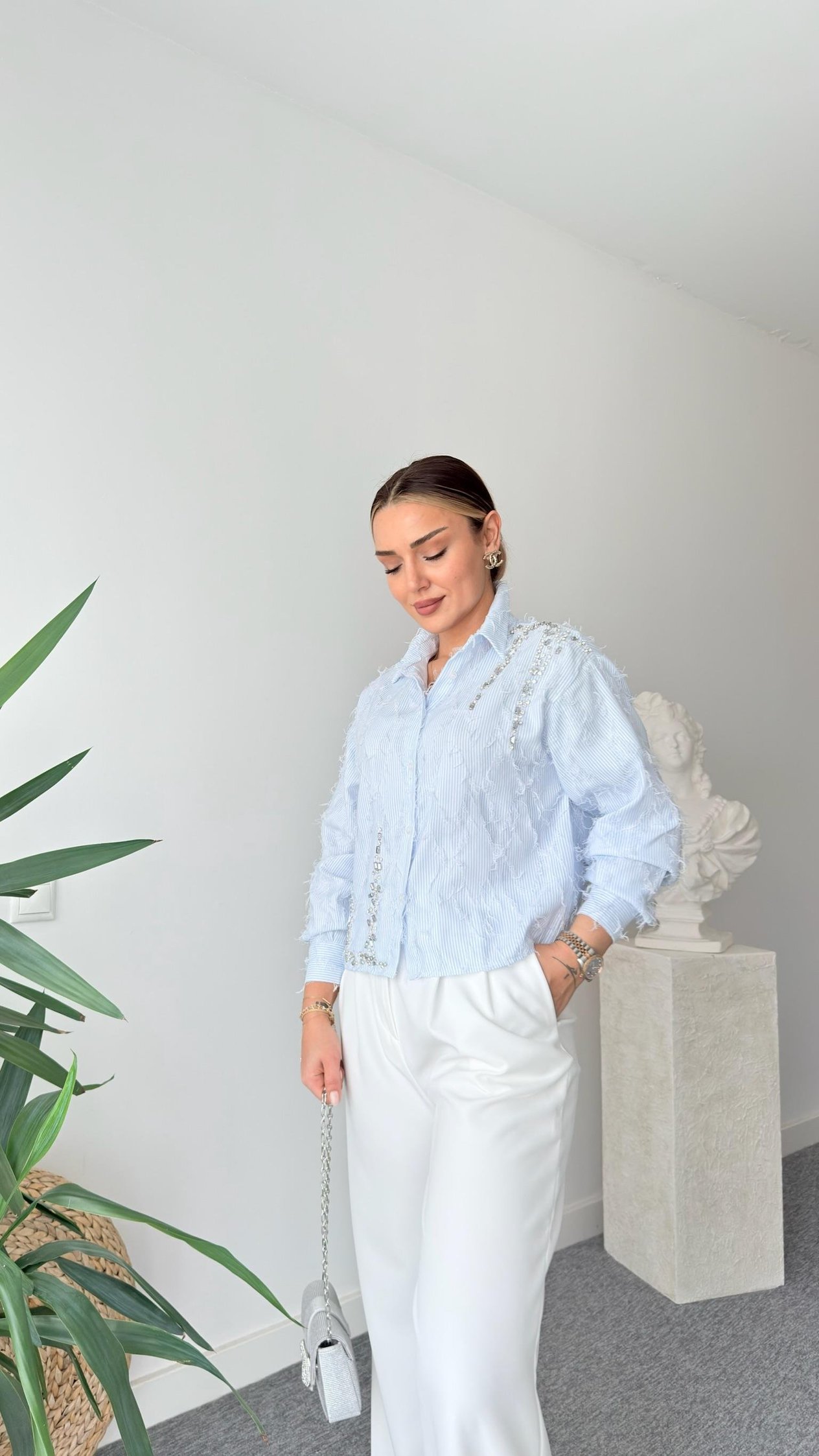Fringed Taş İşlemeli Çizgili Tasarım Gömlek