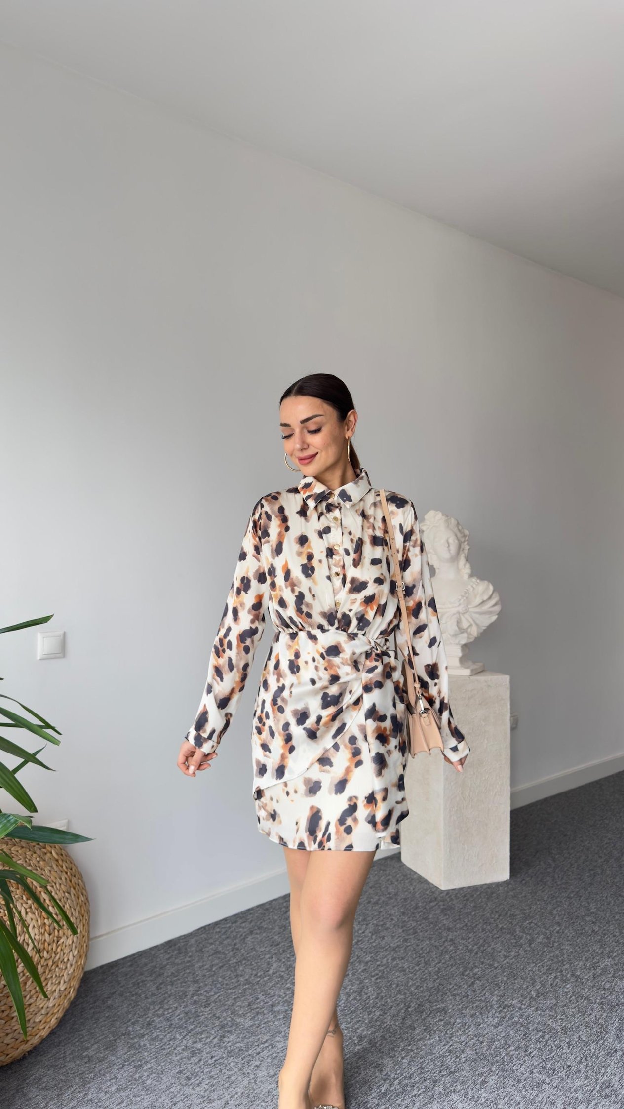 Saten Astarlı Leopar Desen Elbise 