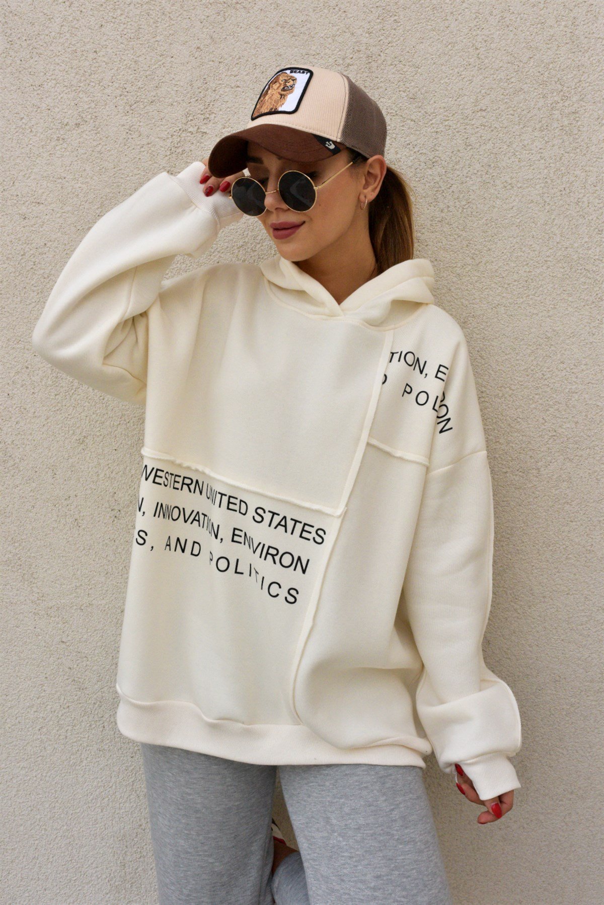 Yazı Detaylı Parçalı Salaş Sweat