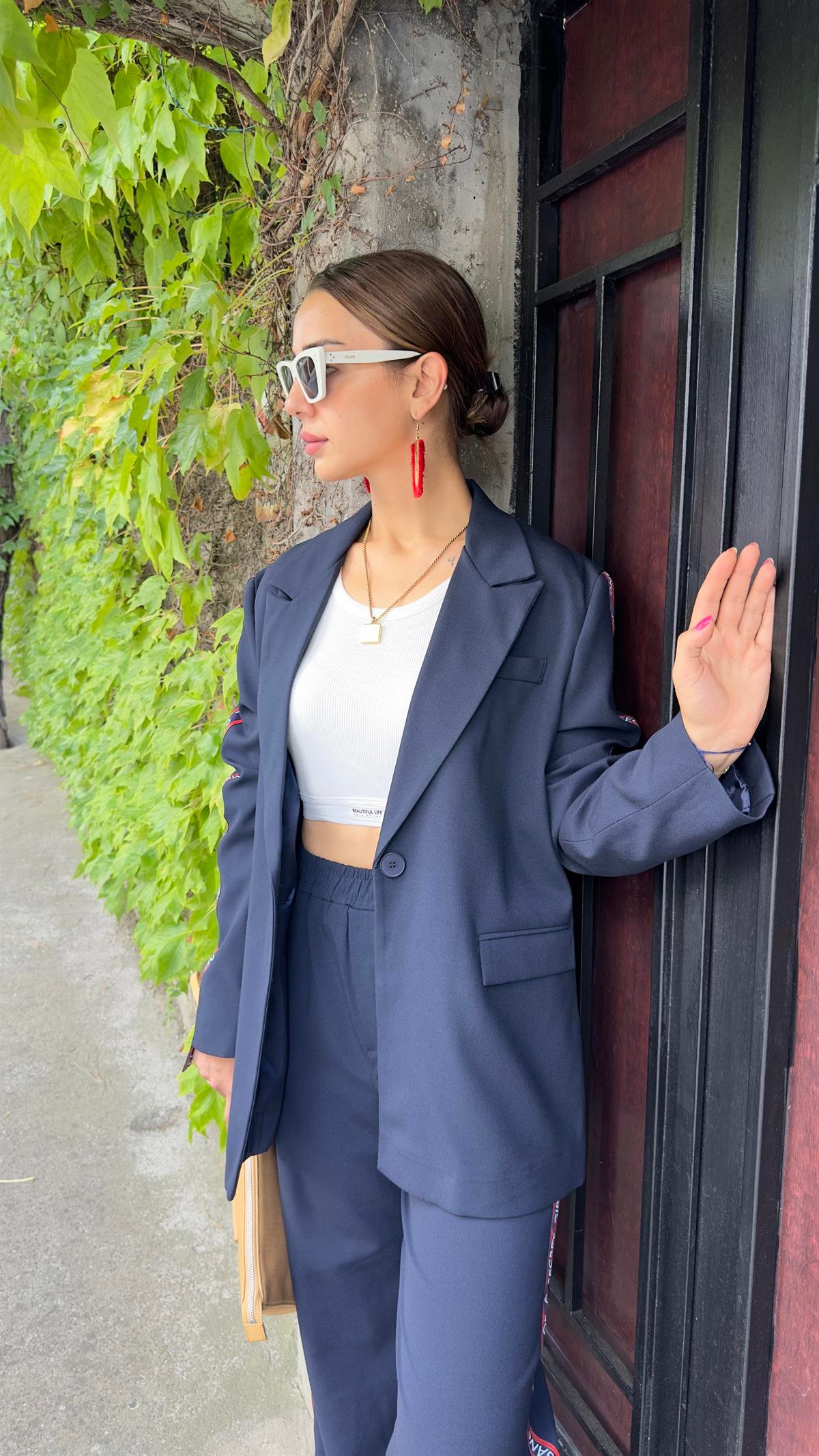 Kırmızı Şerit Ve Yazı Detay Blazer Ceket
