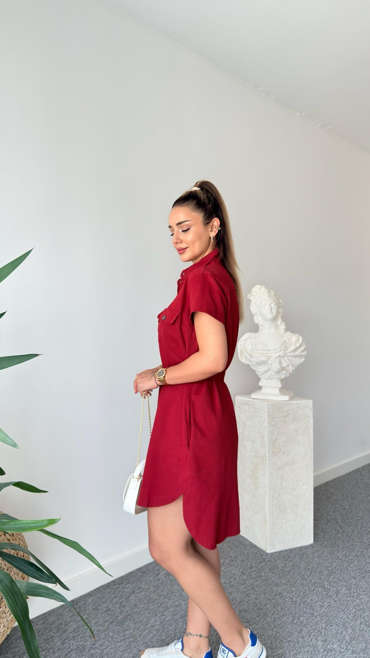 Bordo Heren Kuşaklı Gabardin Elbise 