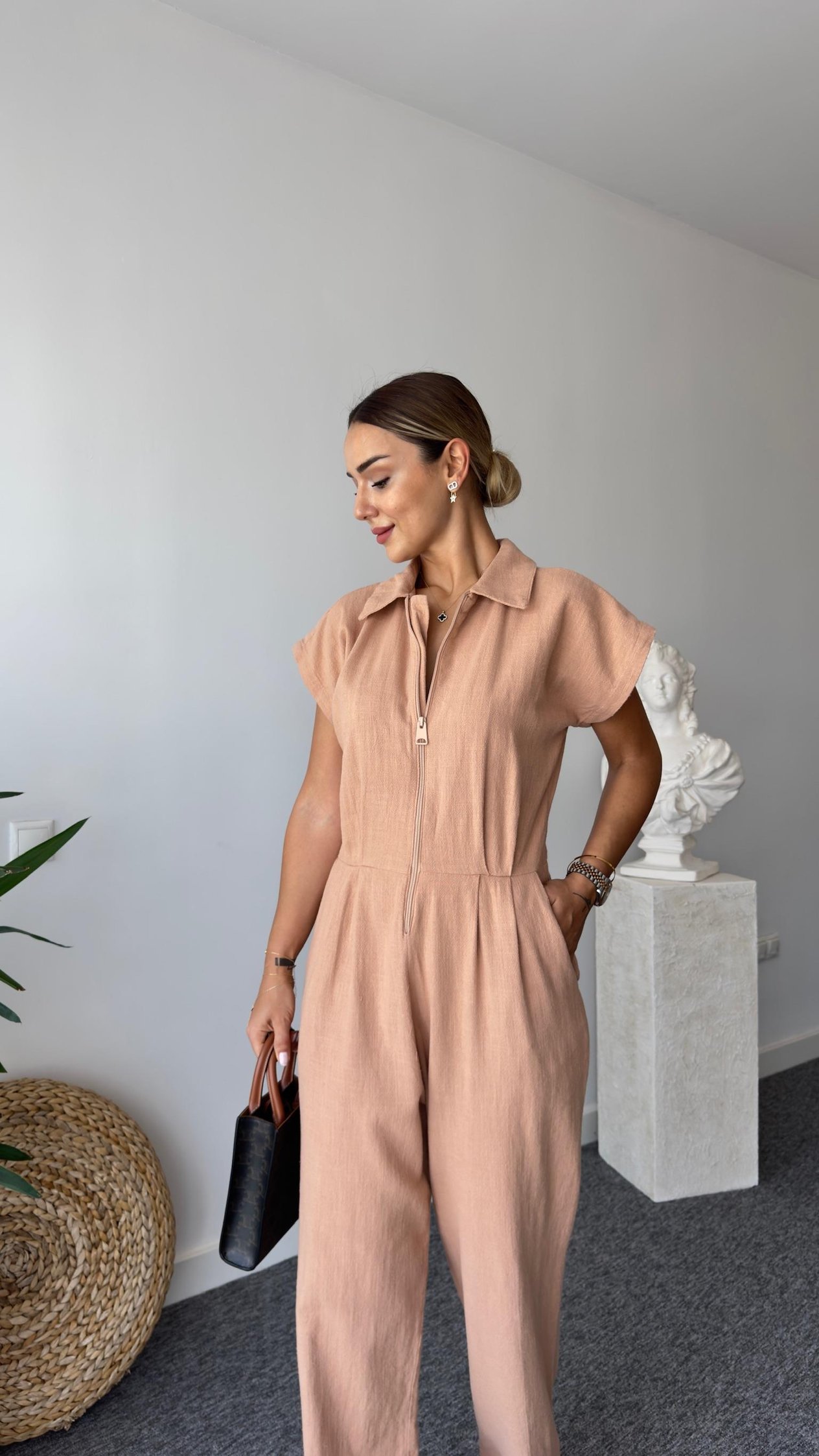 Selvie Açık Kahve Önden Fermuarlı Tulum
