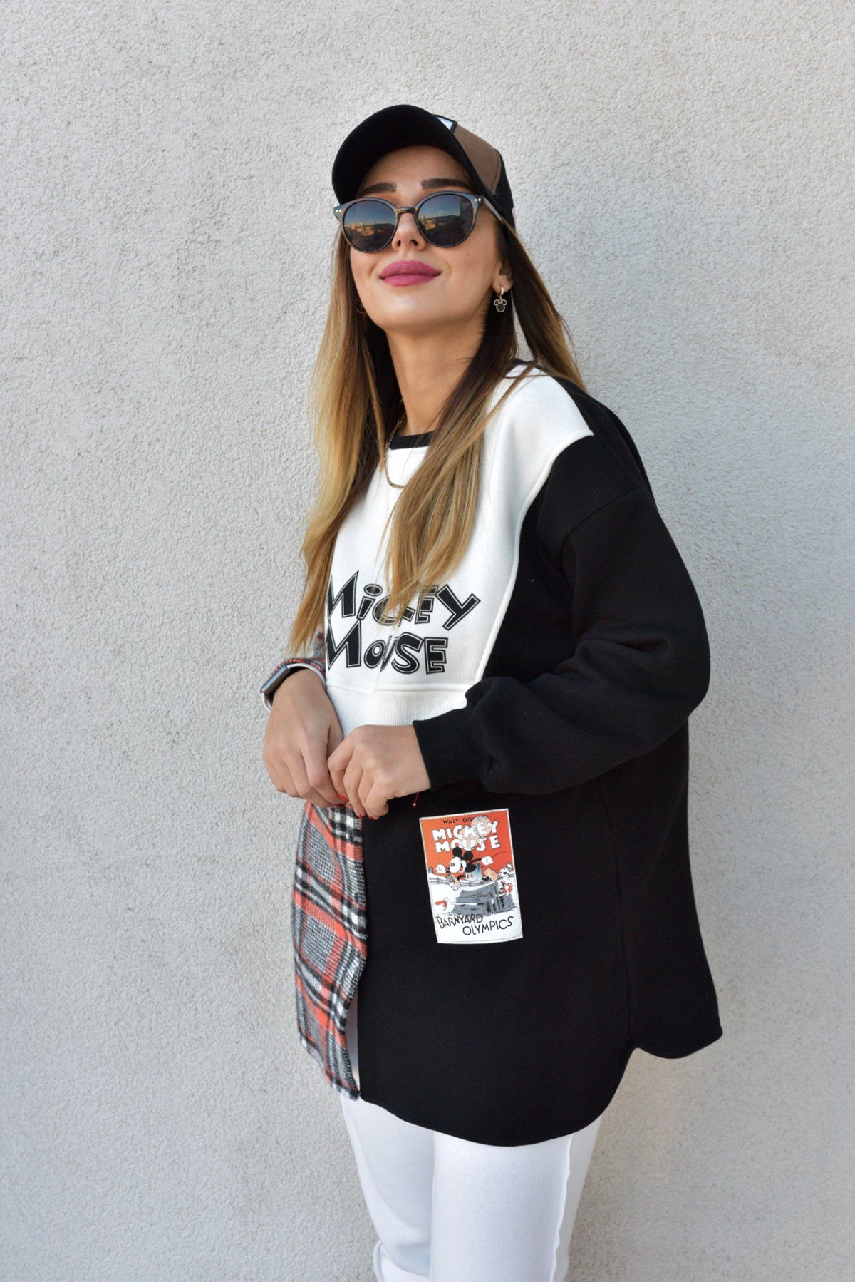 Ekose Detaylı Mickey Mouse Siyah Sweat	