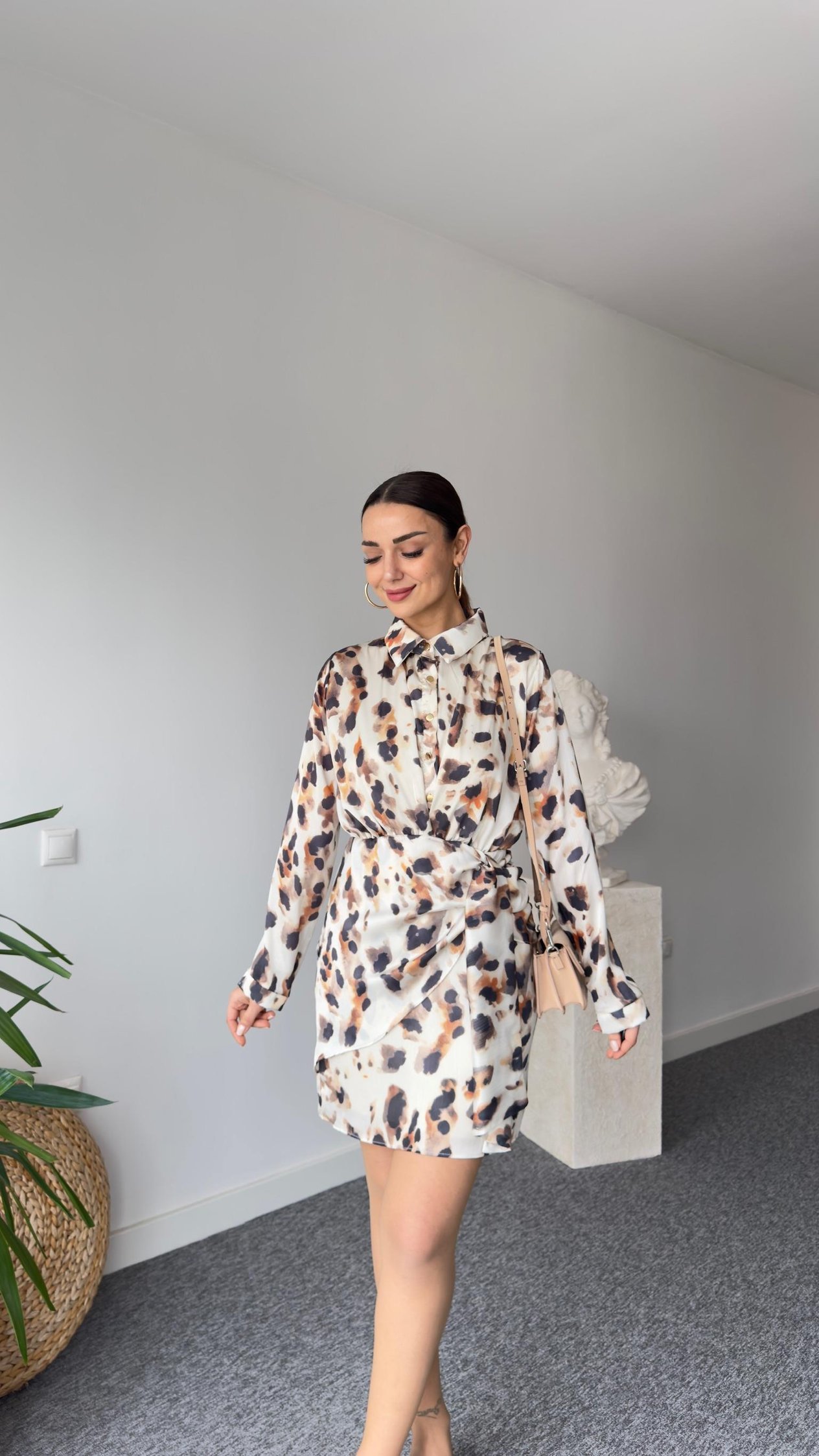 Saten Astarlı Leopar Desen Elbise 