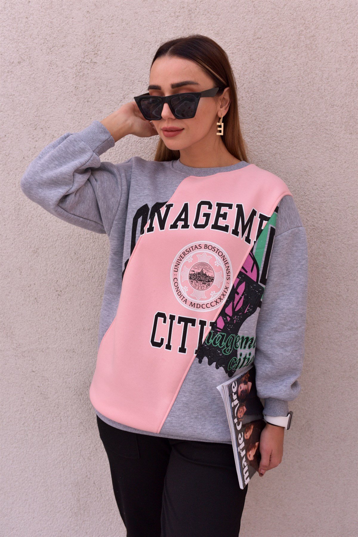 Çift Renk Baskılı Gri Sweat	