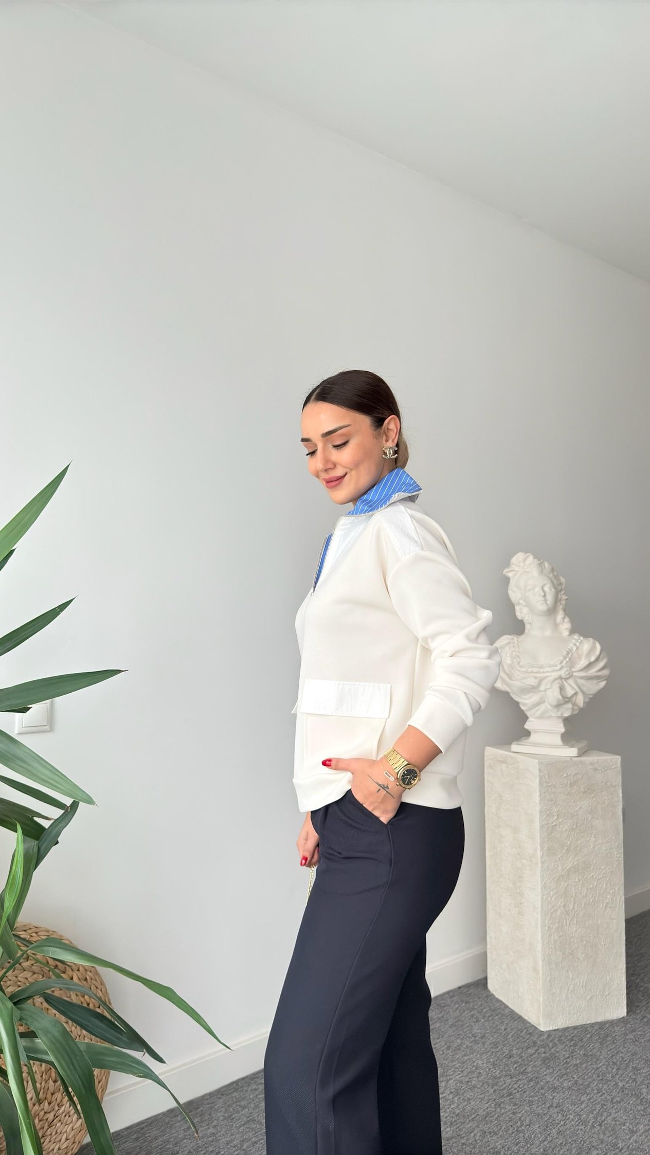 Skate Yaka Mavi Poplin Detaylı Modal Sweatshirt