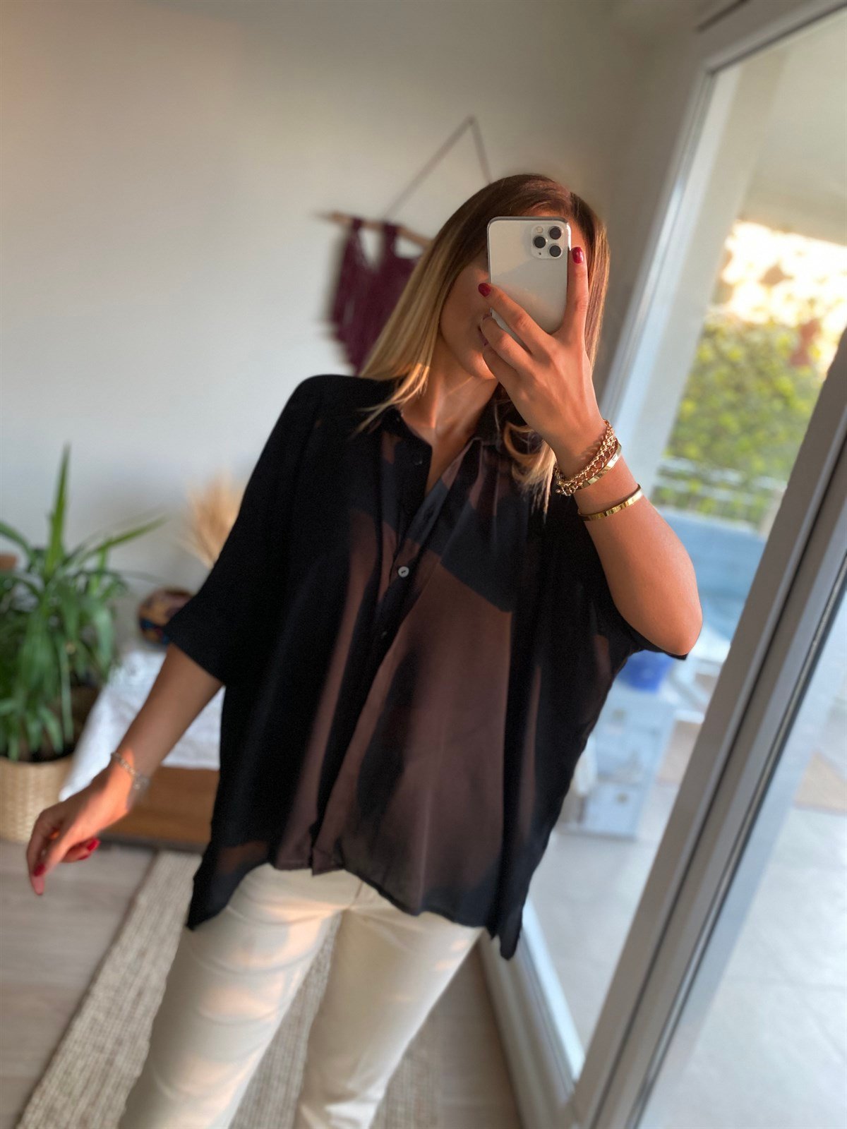 Yarasa Kol Siyah Şifon Bluz 