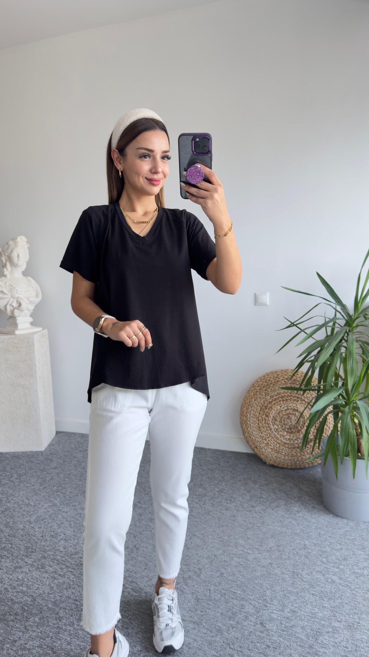 V Yaka Arkası Poplin Siyah Tshirt