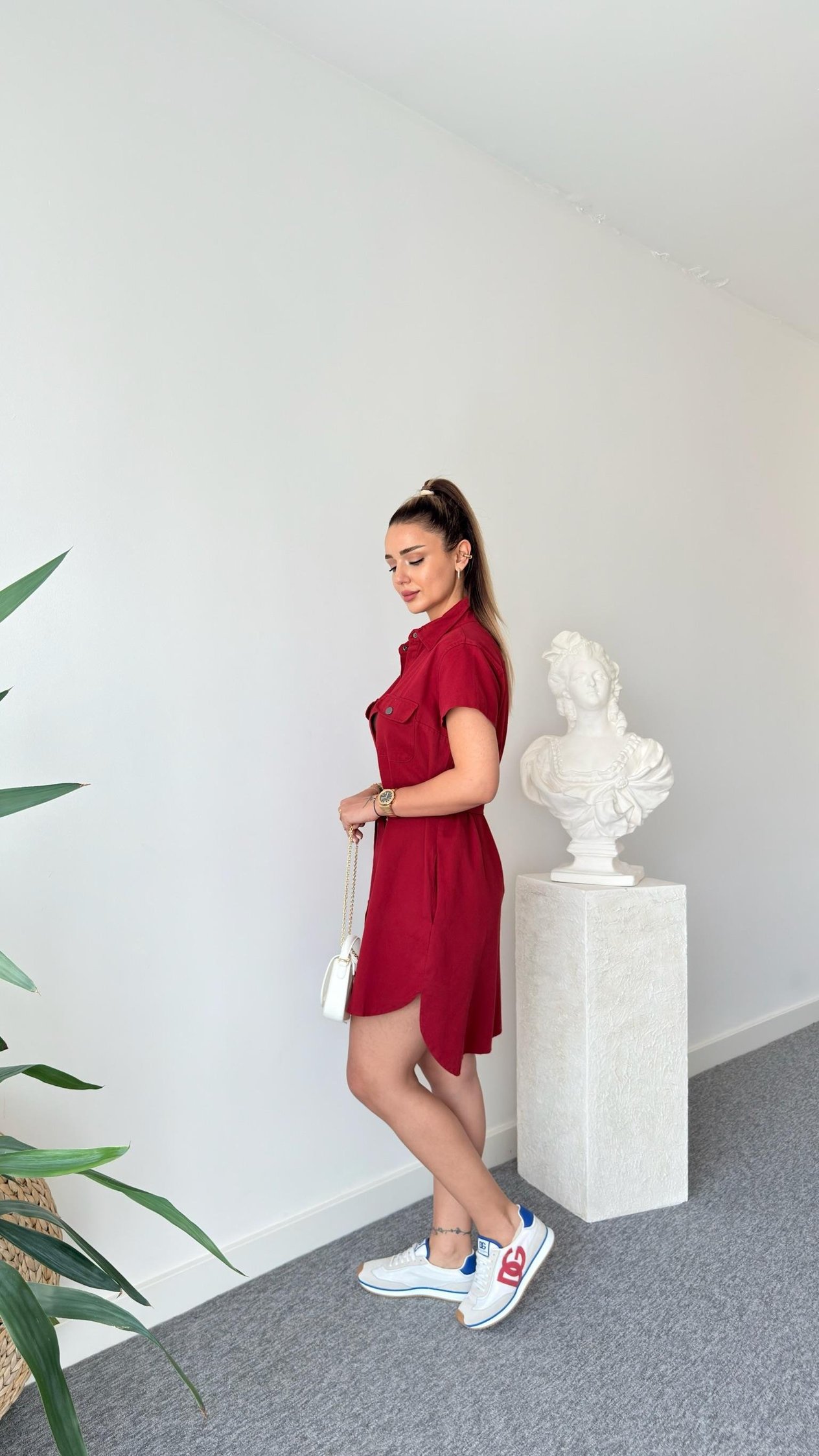 Bordo Heren Kuşaklı Gabardin Elbise 