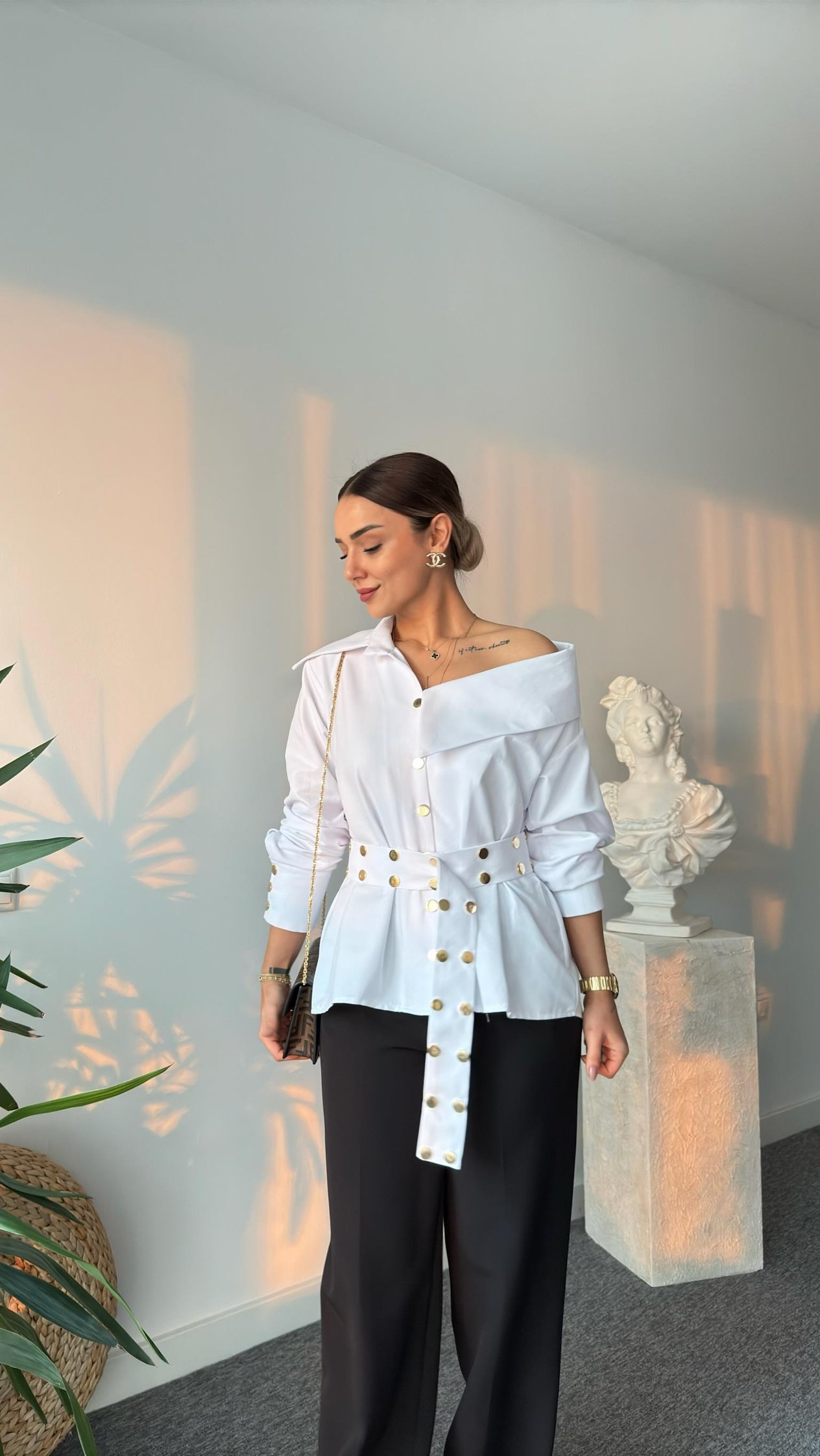 Dianes Marka Model Kemerli Tasarım Beyaz Gömlek