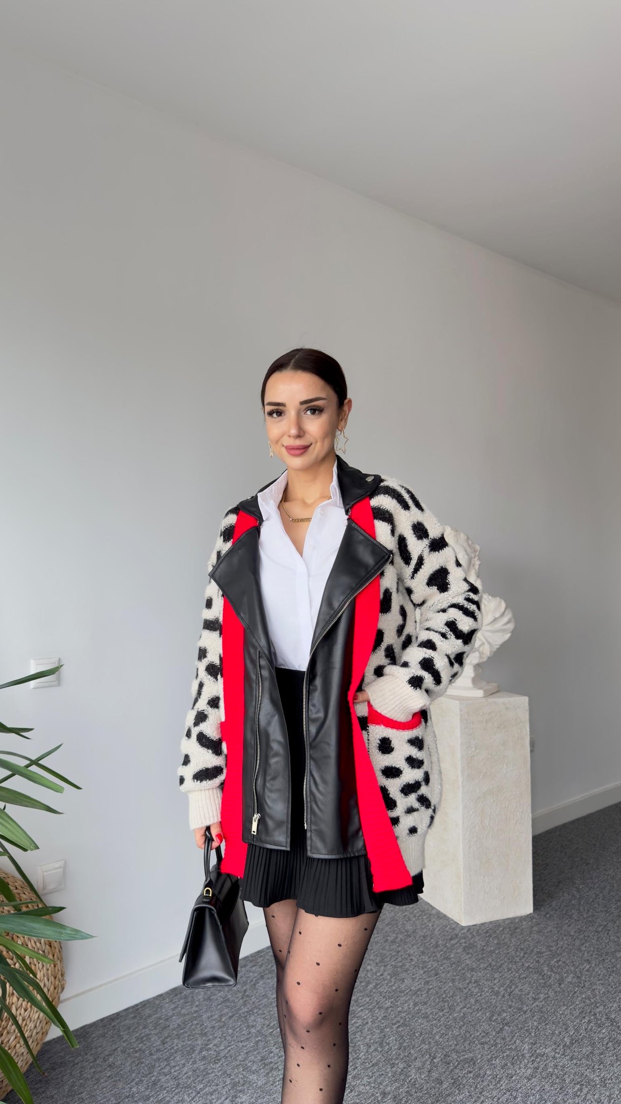 Deri Detaylı Tasarım Leopar Desen Hırka