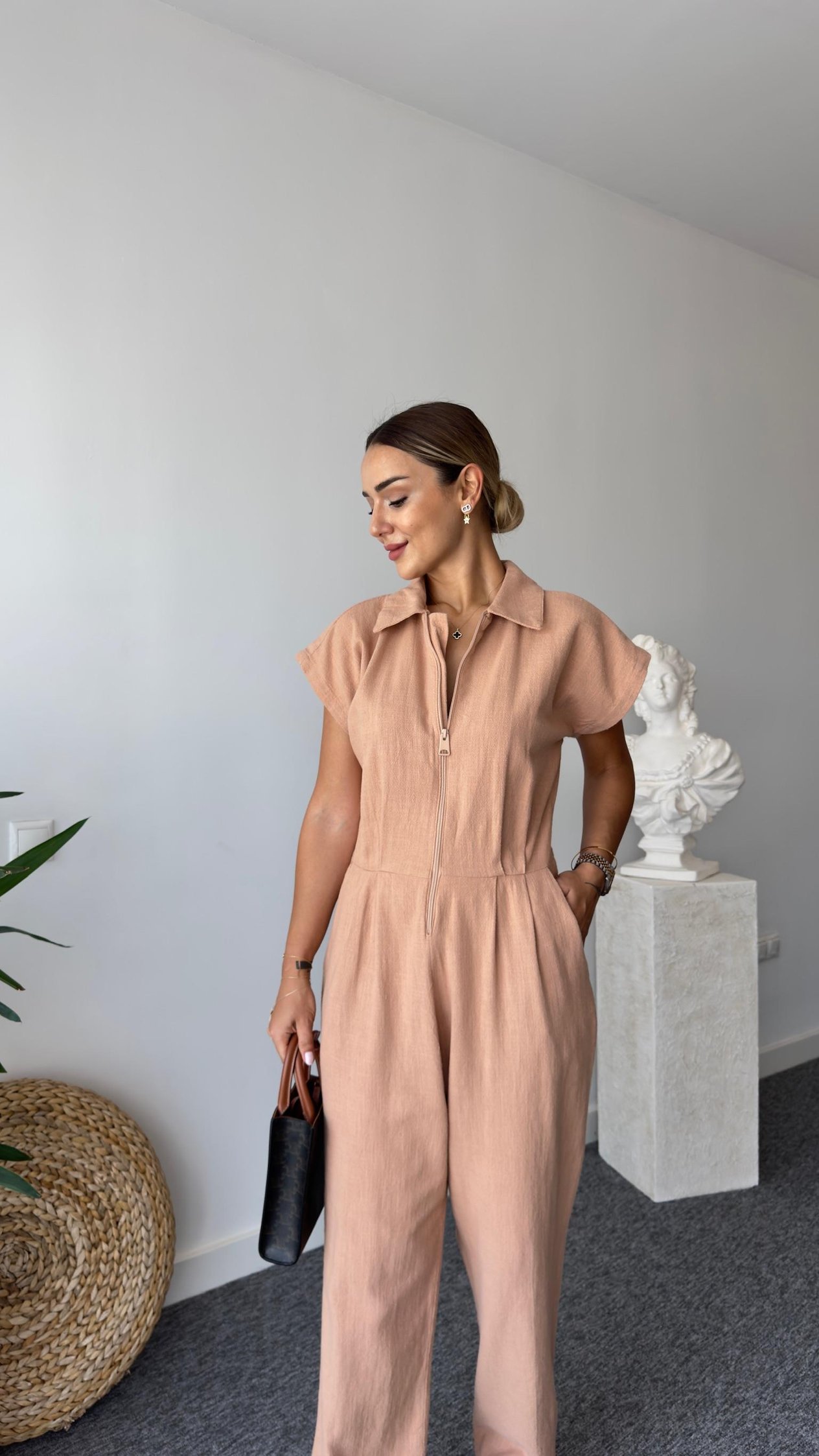 Selvie Açık Kahve Önden Fermuarlı Tulum