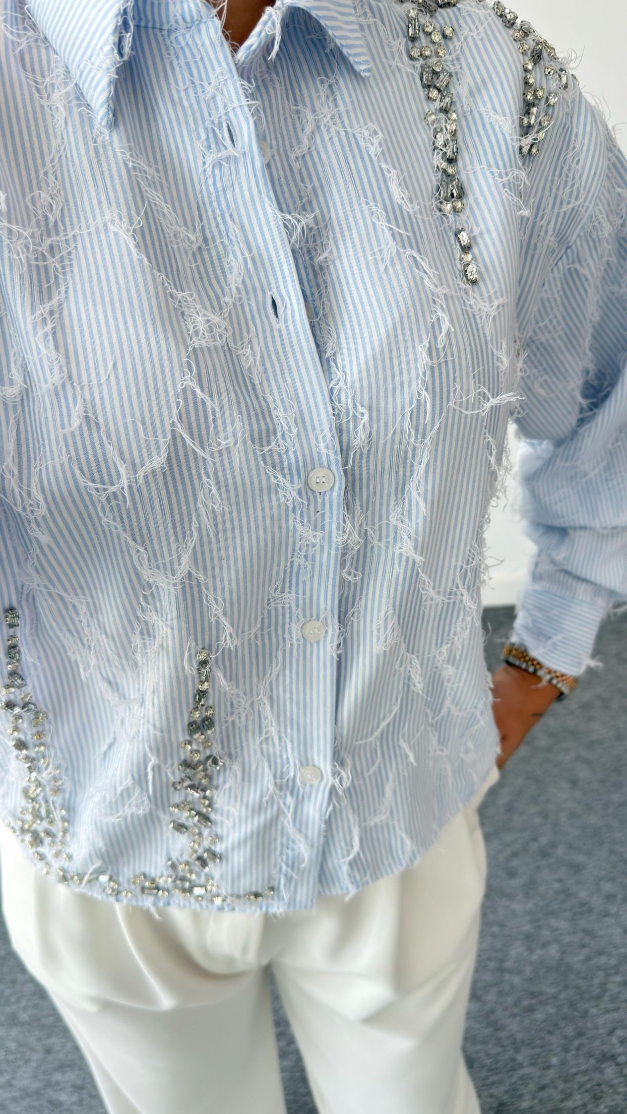 Fringed Taş İşlemeli Çizgili Tasarım Gömlek