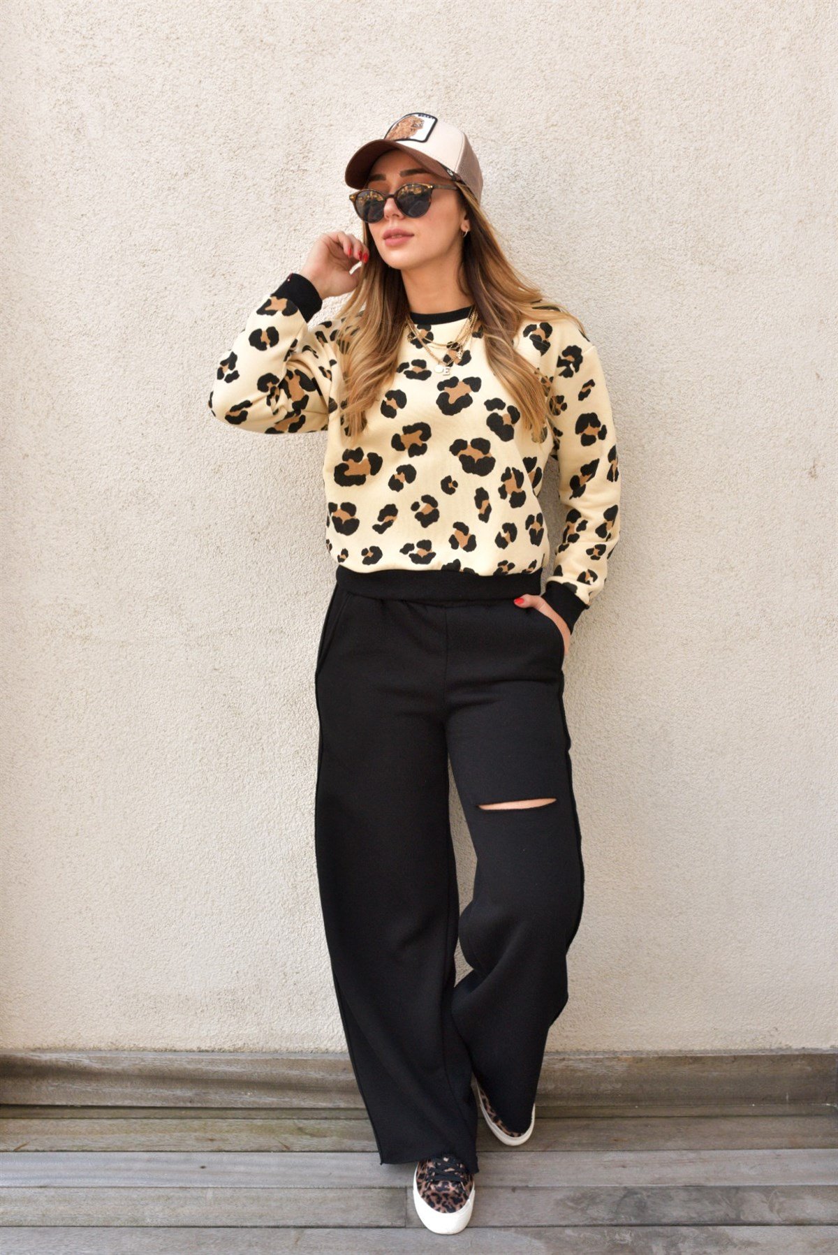 Leopar Desen Bej Sweat