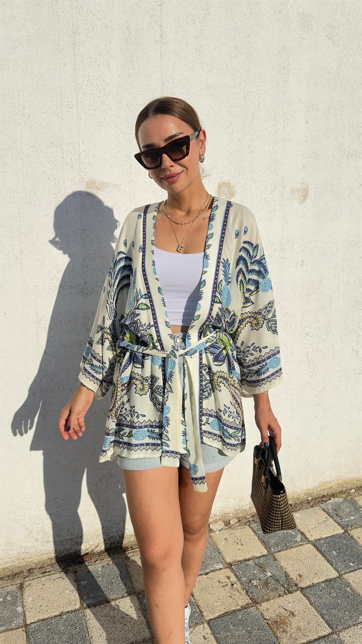 Quzu Kuşak Detay Desenli Kimono