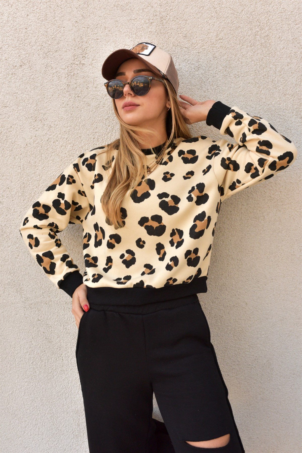 Leopar Desen Bej Sweat