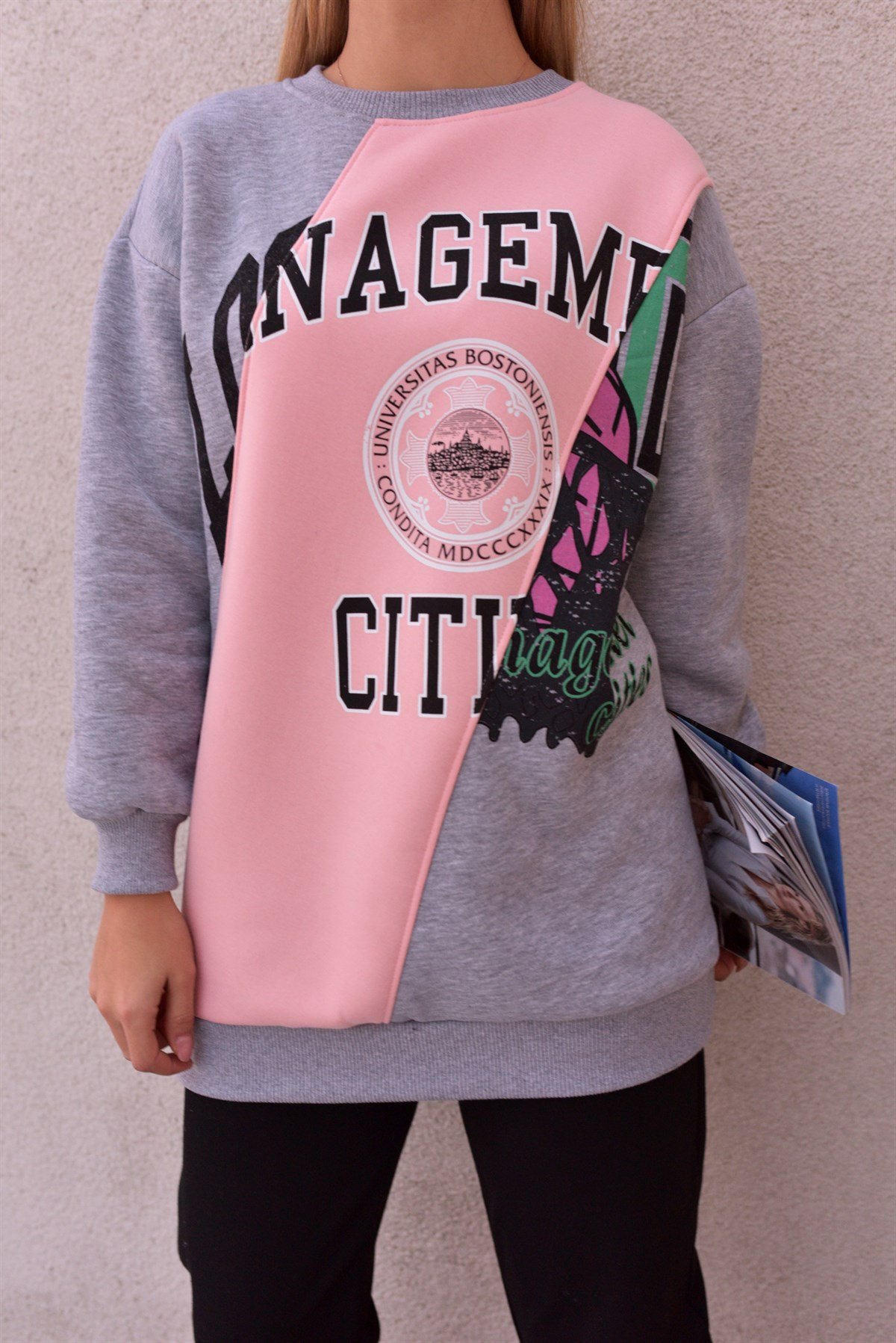 Çift Renk Baskılı Gri Sweat	