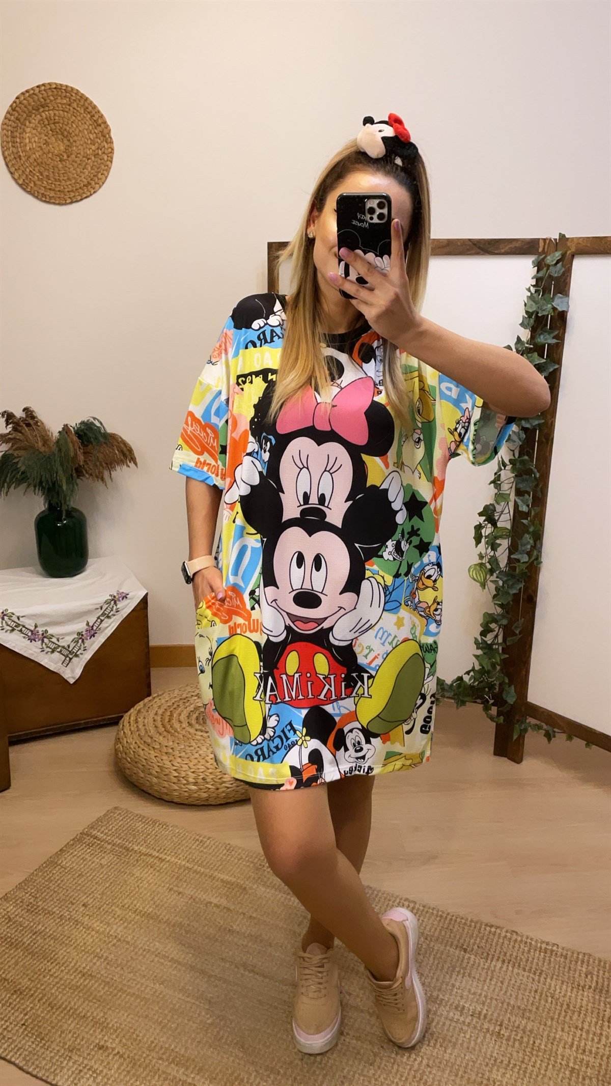 Renkli Mickey Baskılı Elbise