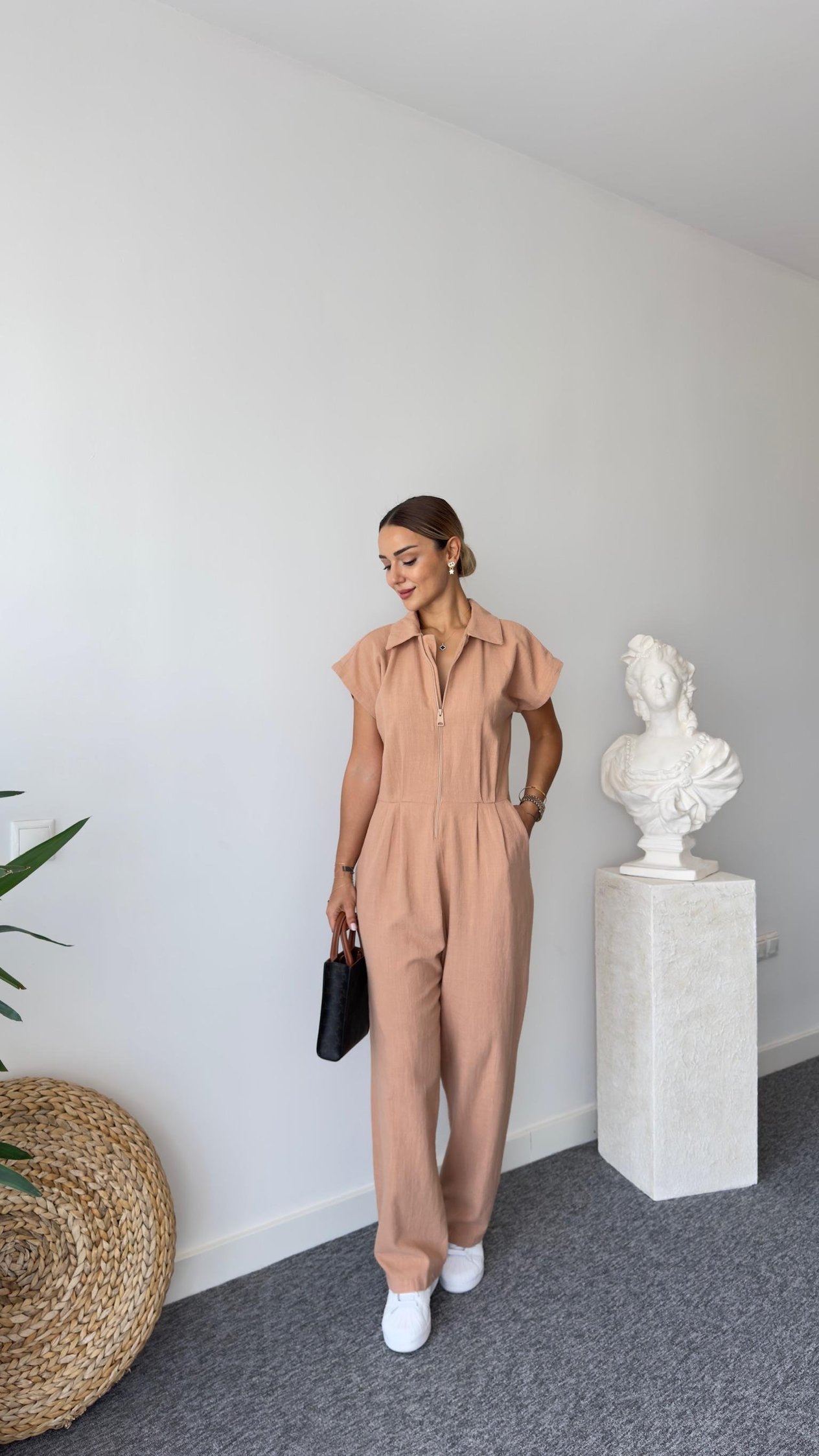 Selvie Açık Kahve Önden Fermuarlı Tulum