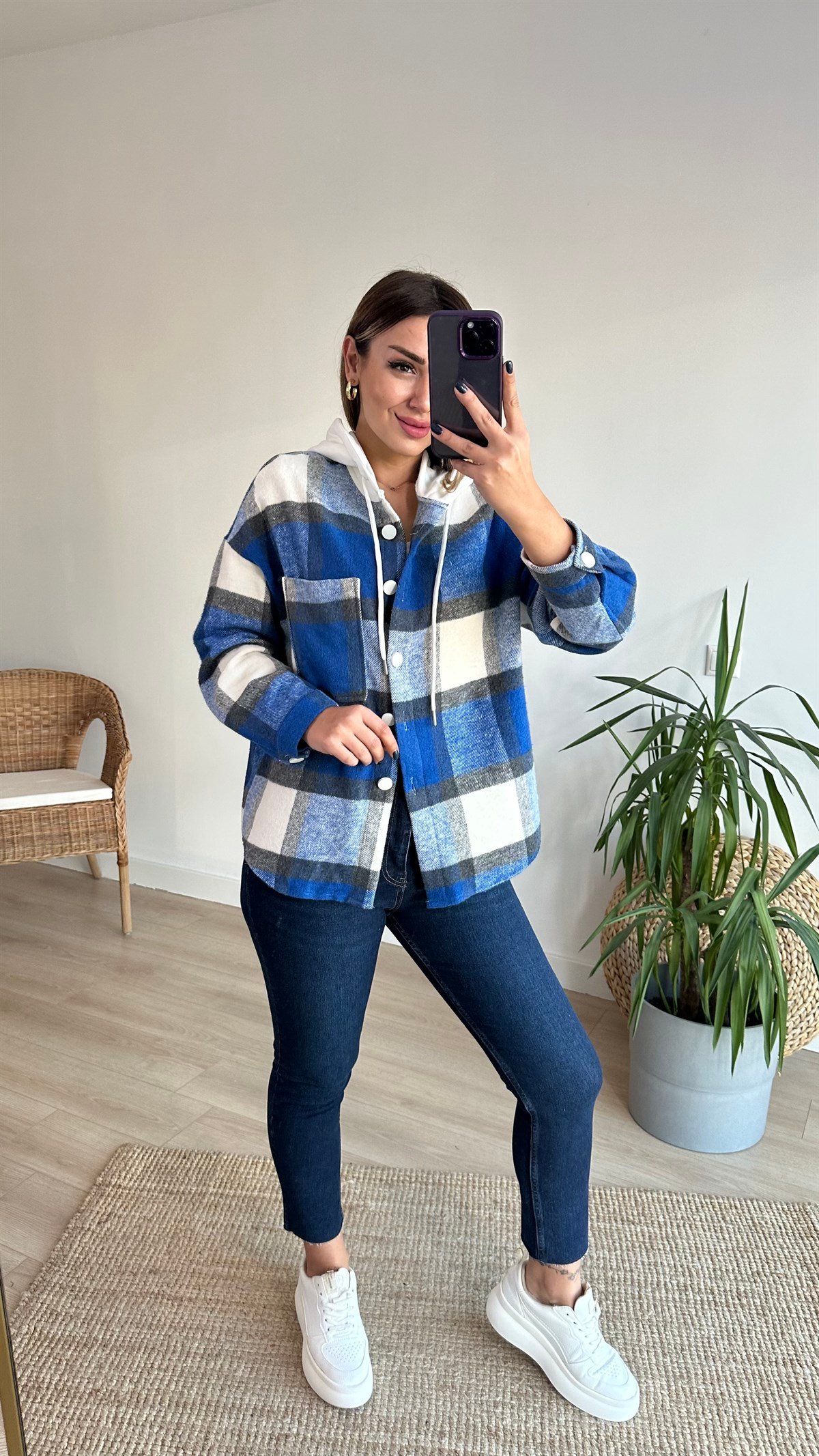 Mavi Ekose Detay Kapüşonlu Sweatshirt