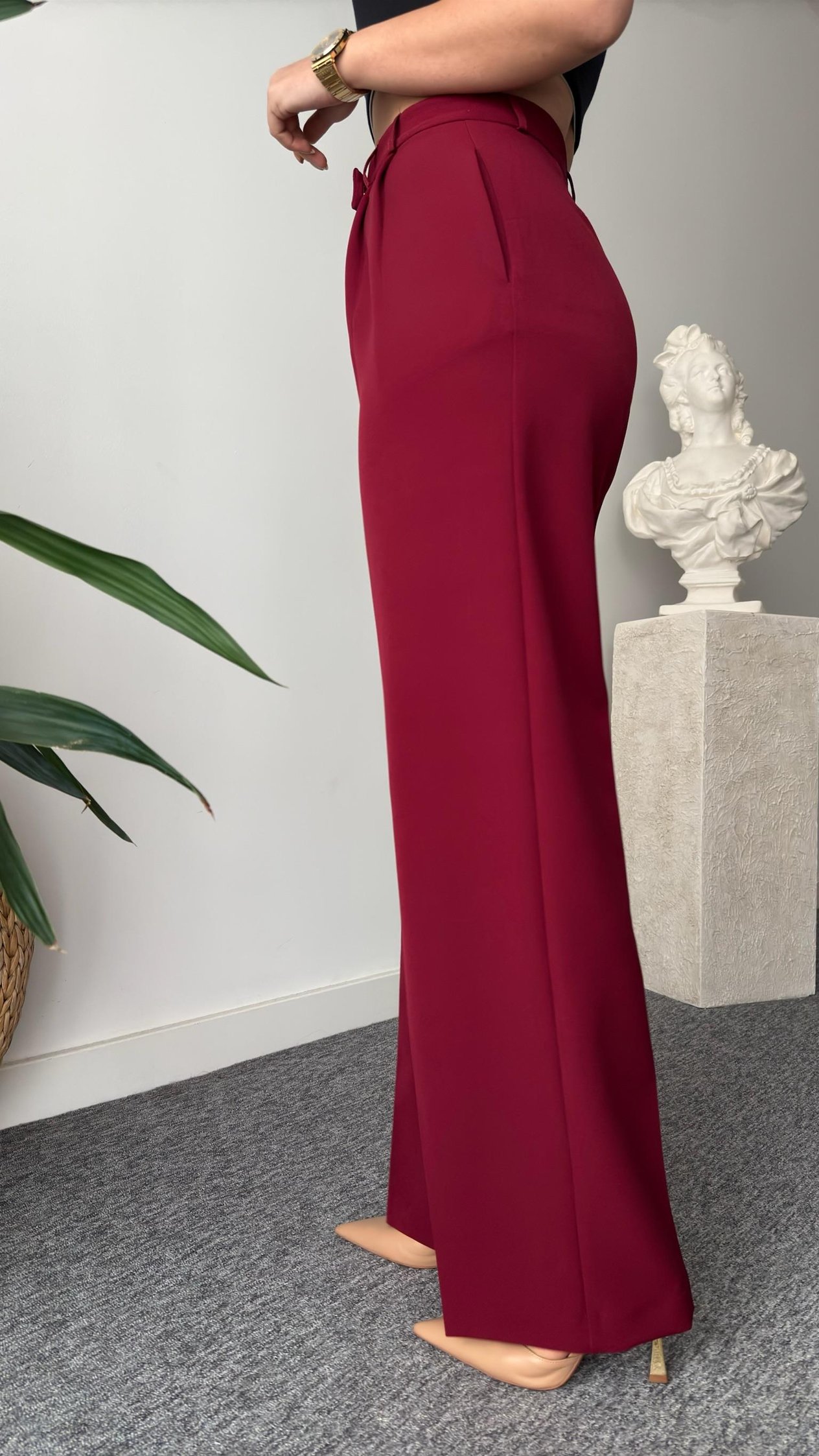 Bordo Fogliw Bel Detaylı Pantolon