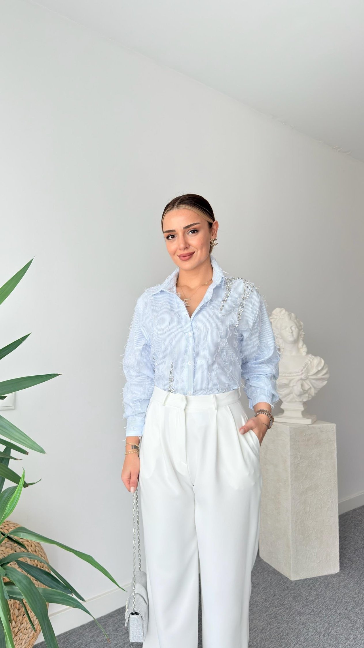 Fringed Taş İşlemeli Çizgili Tasarım Gömlek