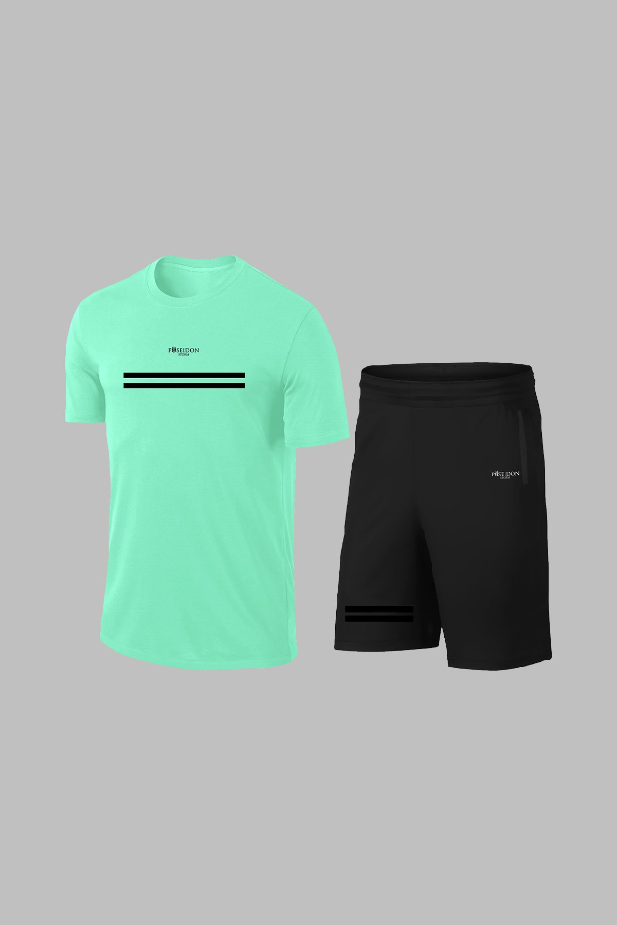 Battal Beden Erkek Su Yeşili Dri-Fit Kumaş Spor için Konforlu Cepli Kısa Kol Tişört Şort İkili Takım (4XL-10XL)