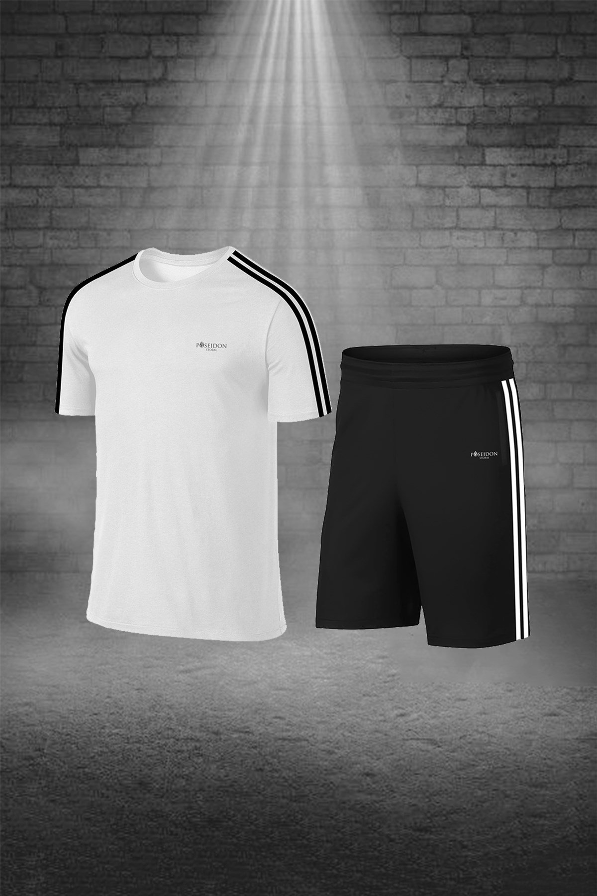 Büyük Beden Erkek Beyaz Günlük Sporcu Tişört ve Şort Takımı 4XL-10XL siyah çift şerit - M3