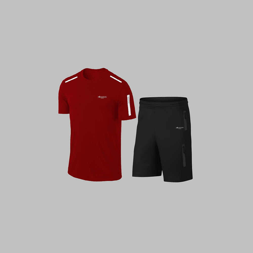 Büyük Beden Erkek Bordo Dri-Fit Kumaş Spor için Konforlu Cepli Kısa Kol Tişört Şort İkili Takım 4XL-10XL