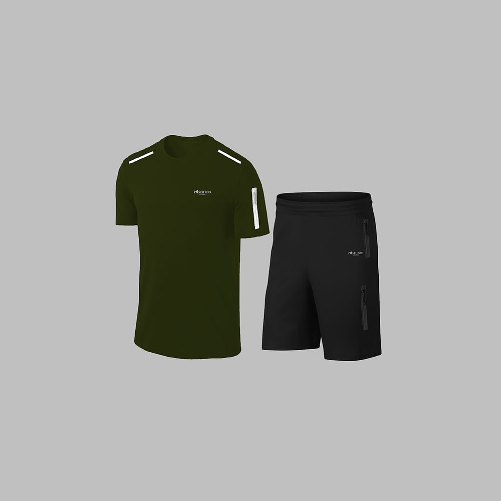 Büyük Beden Erkek Haki Dri-Fit Kumaş Düz Konforlu Cepli Kısa Kol Tişört Şort Alt Üst Koşu Seti   4XL-10XL