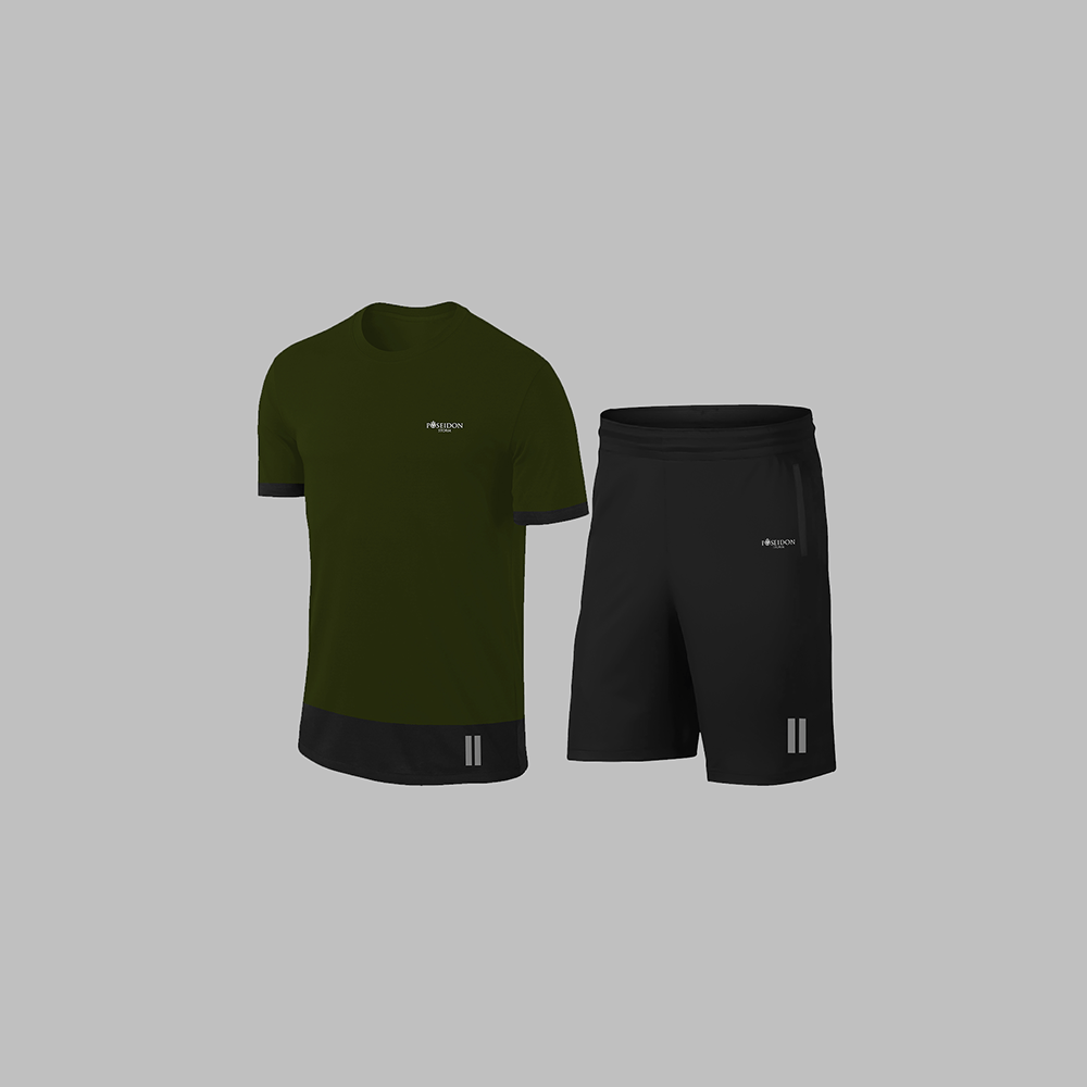 Büyük Beden Erkek Haki Dri-Fit Kumaş Yürüyüş için Konforlu Cepli Sıfır Yaka Tişört Şort Seti  4XL-10XL