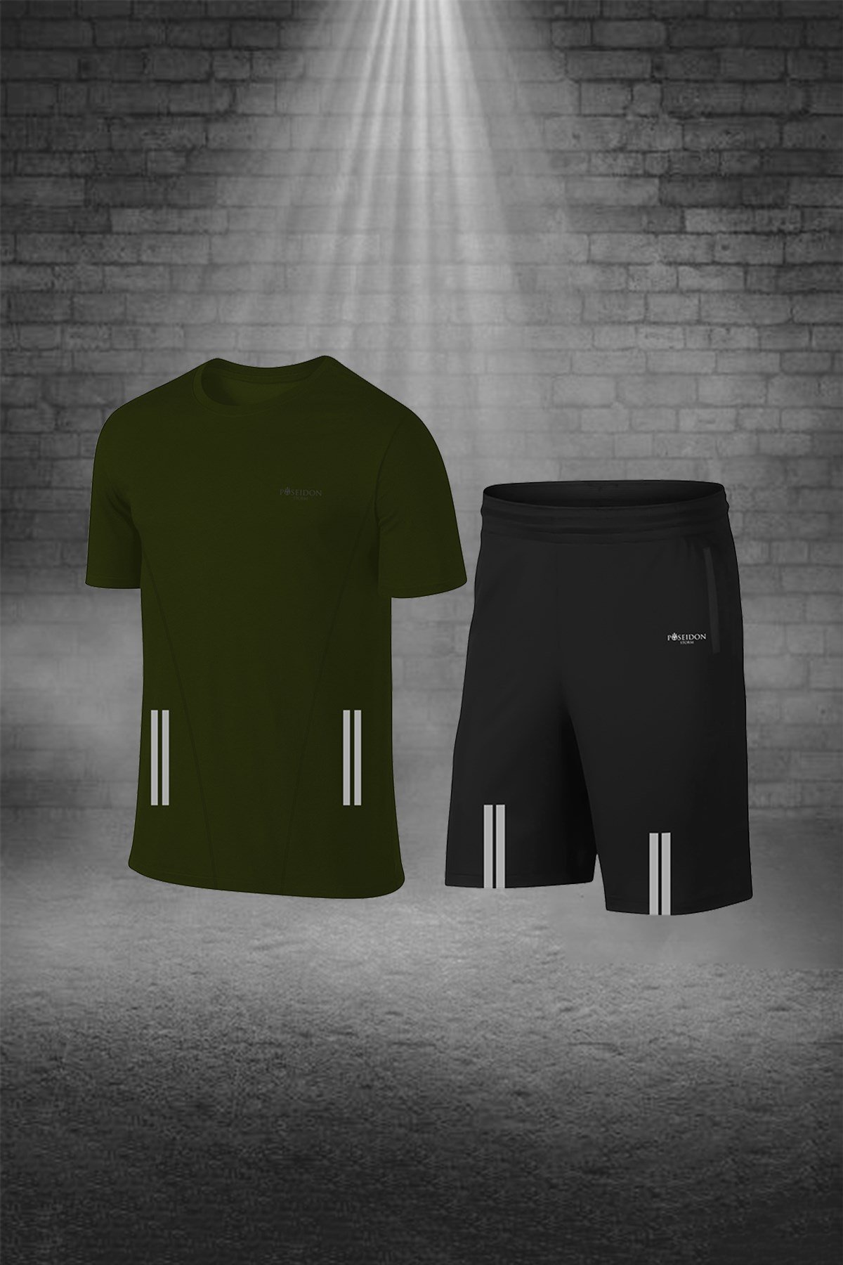 Büyük Beden Erkek Haki Günlük Sporcu Tişört ve Şort Takımı 4XL-10XL - flexo çift şerit - M7