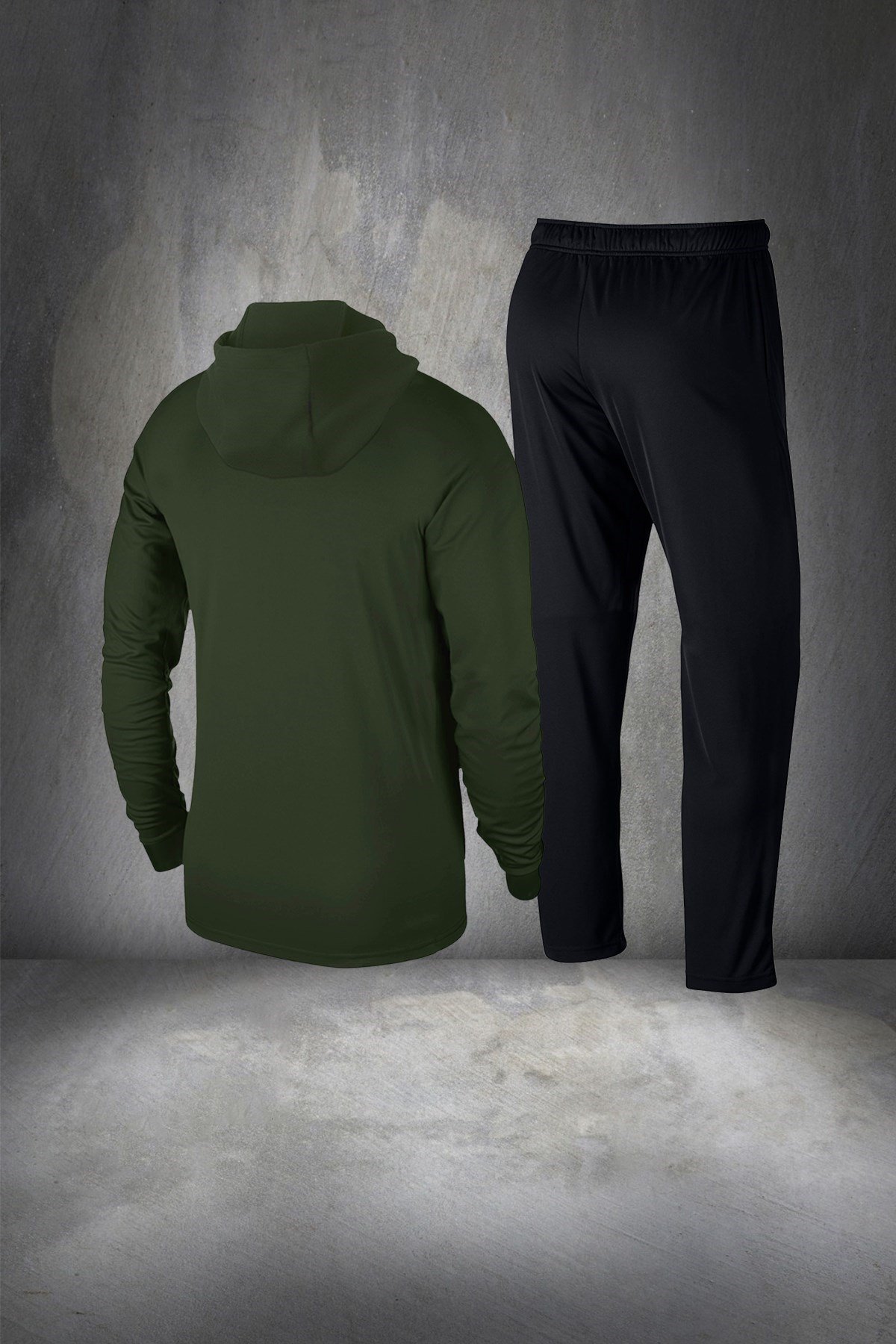 Büyük Beden Erkek Haki  İnterlok Kumaş Fermuarlı Kapüşonlu Cepli Koşu Takımı  4XL-10XL