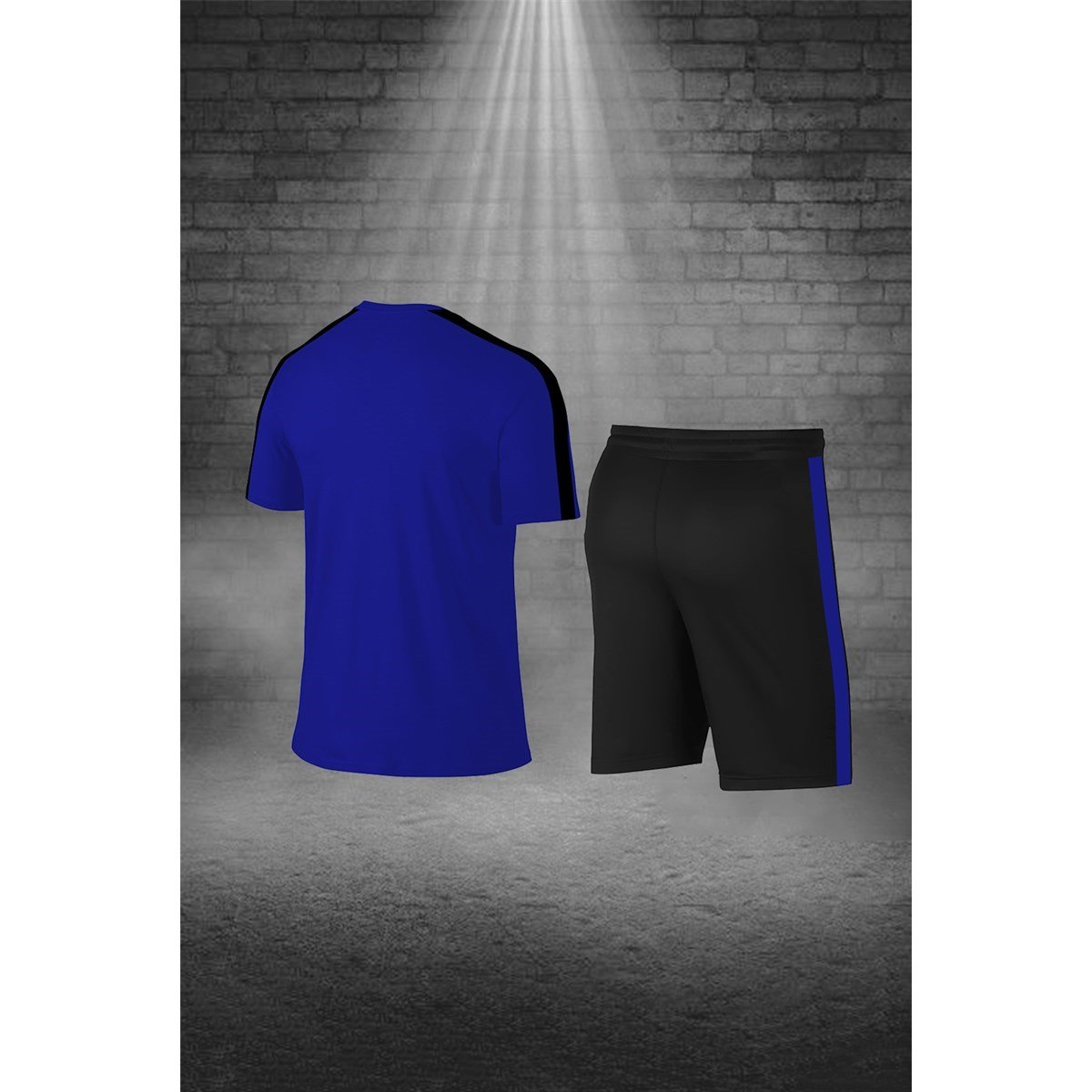 Büyük Beden Erkek Mavi Dri-Fit Kumaş Antrenman ve Koşu için Konforlu Cepli Kısa Kol Tişört Şort İkili Takım  4XL-10XL